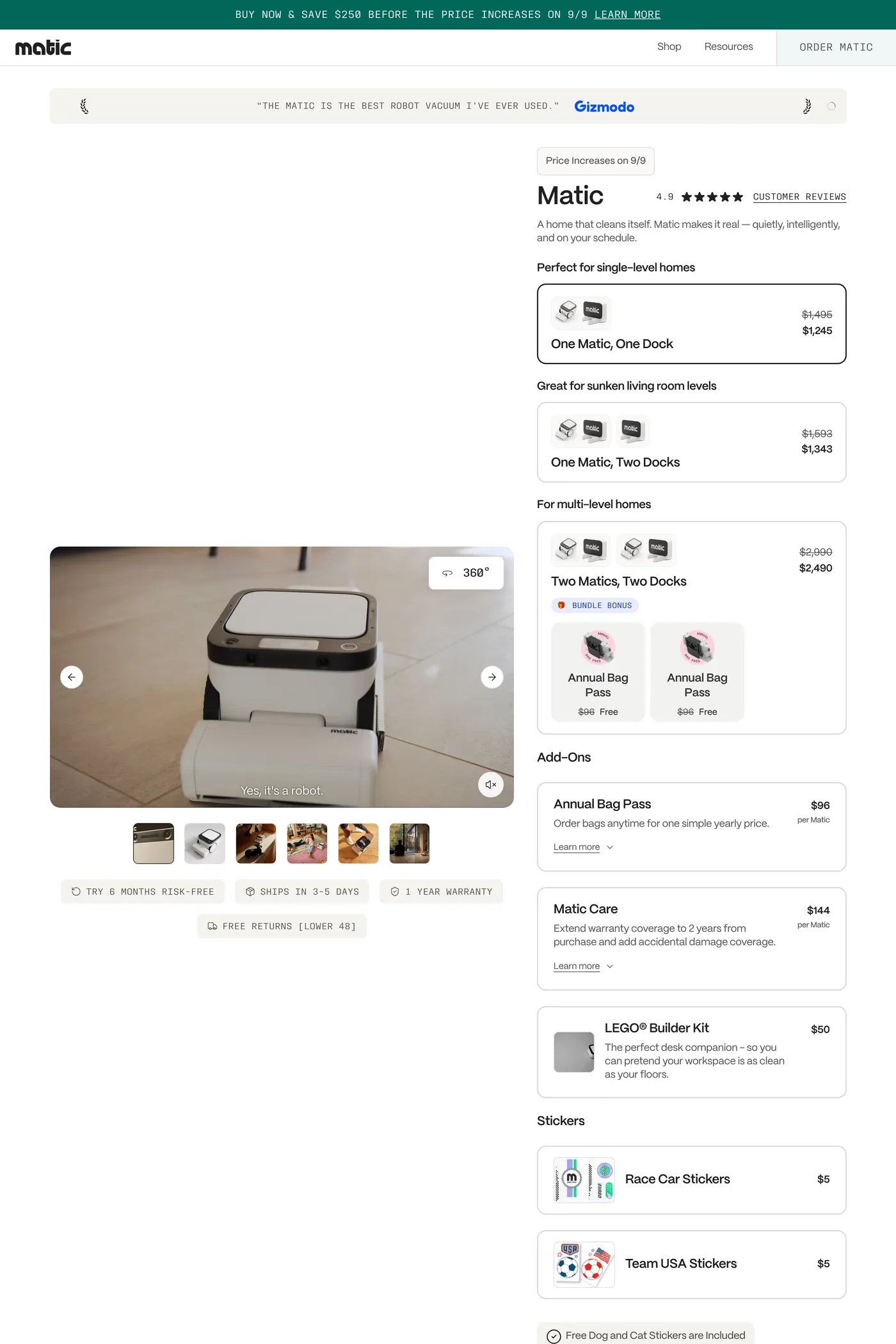 Matic — screenshot of the features page