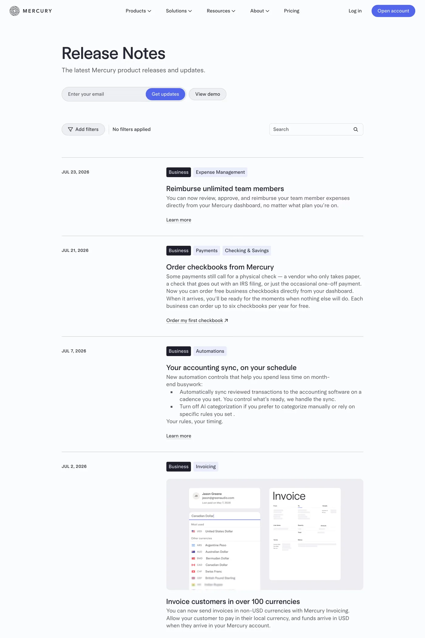 Mercury — screenshot of the changelog page