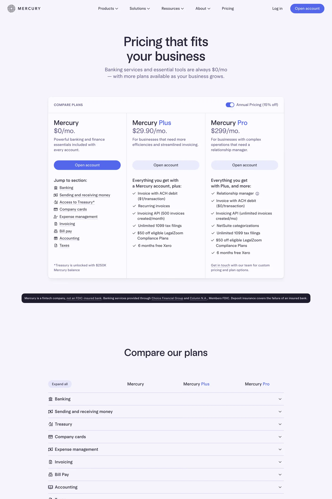 Mercury — screenshot of the pricing page