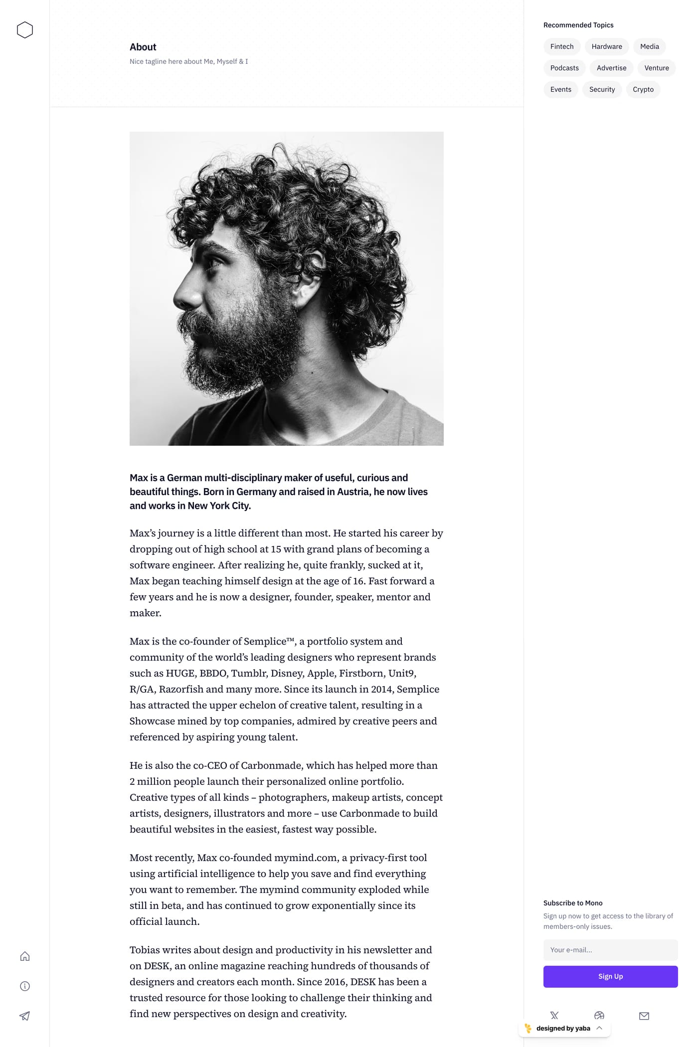 Mono — screenshot of the about page