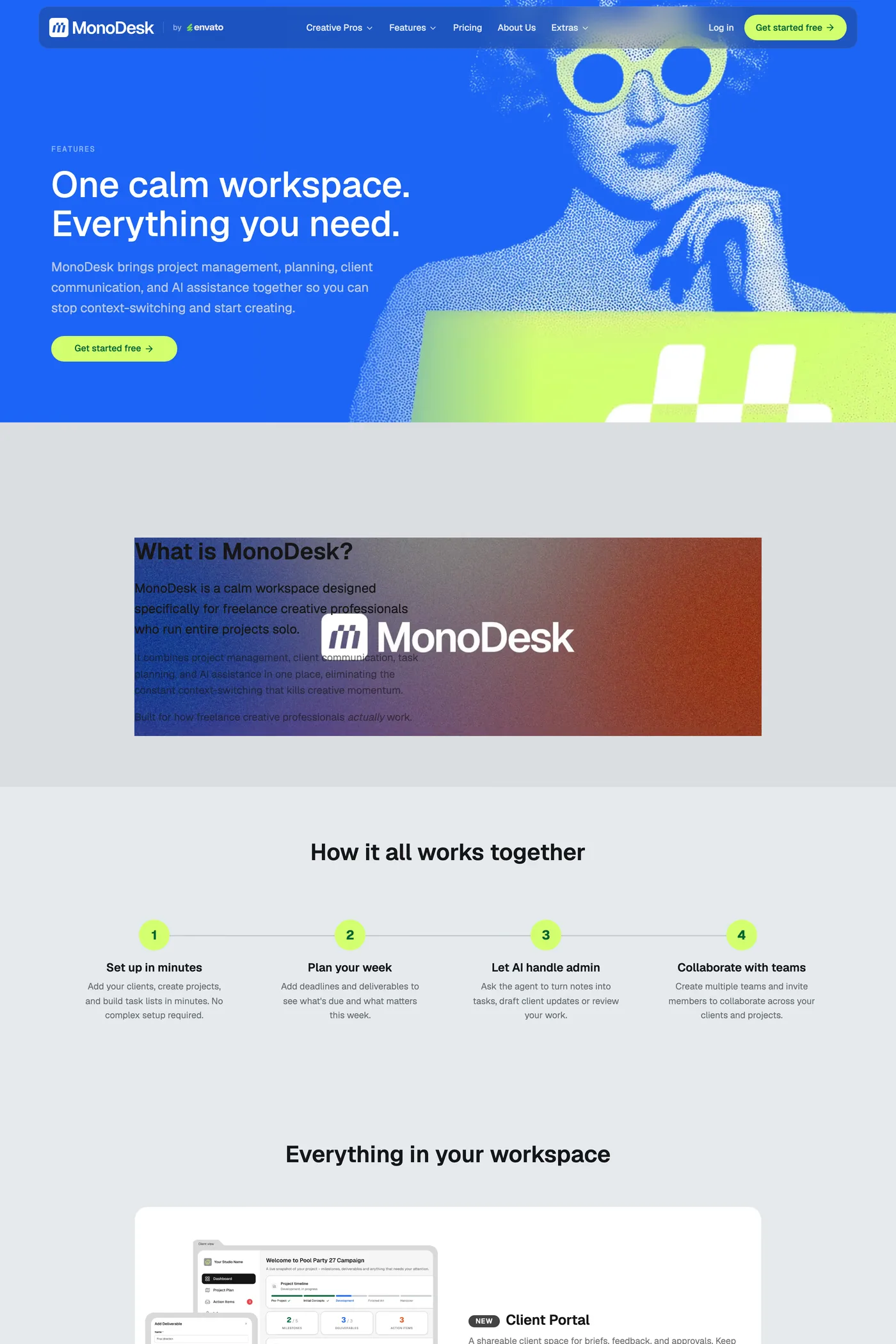MonoDesk — screenshot of the features page