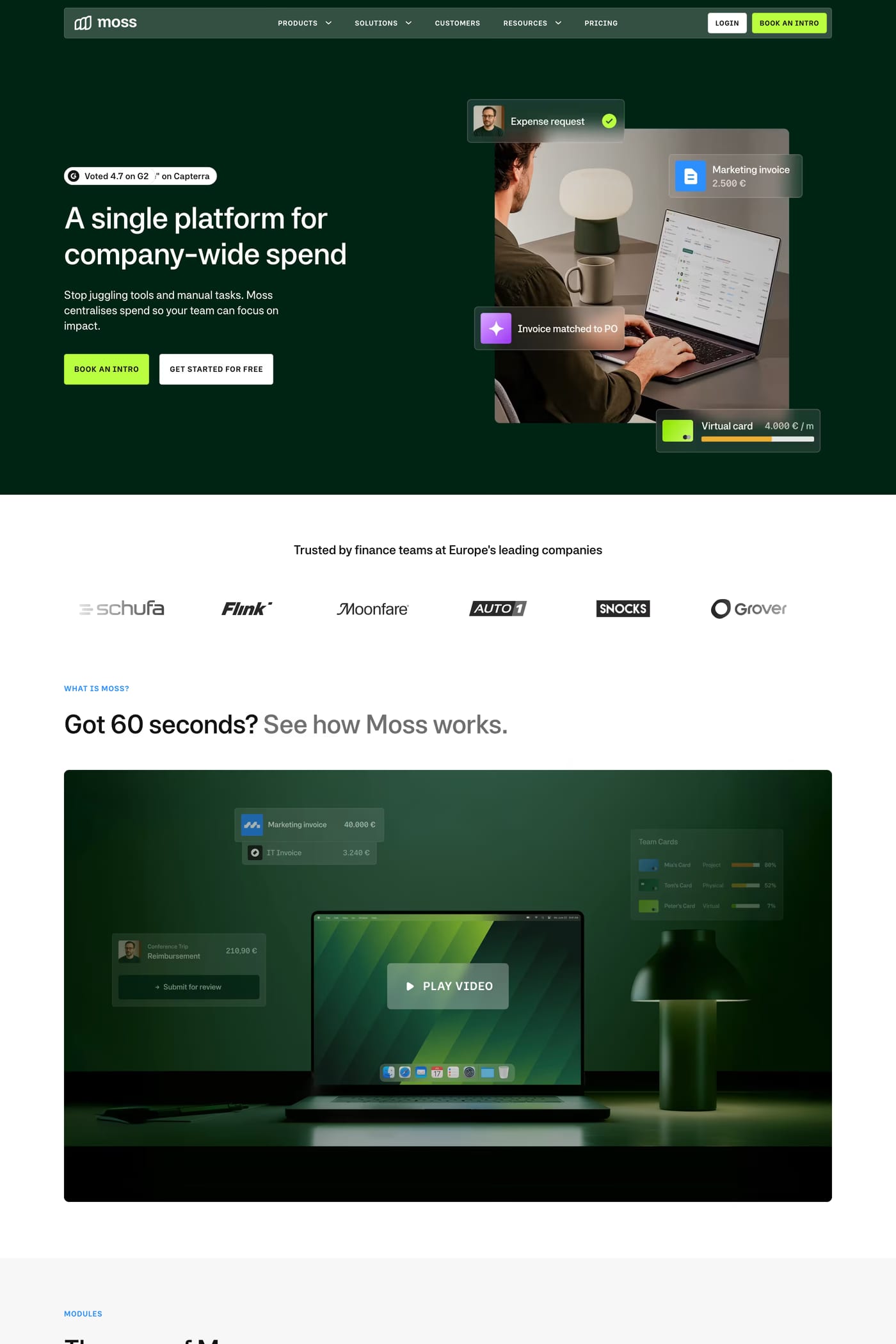 Moss — screenshot of the features page