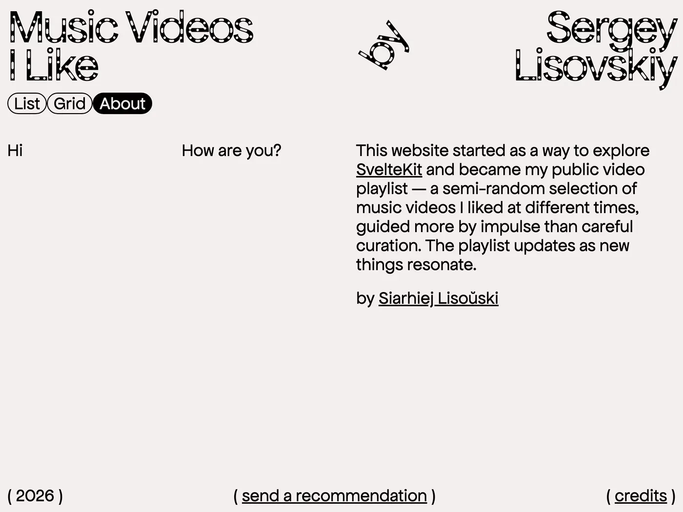 Music Videos I Like — screenshot of the about page
