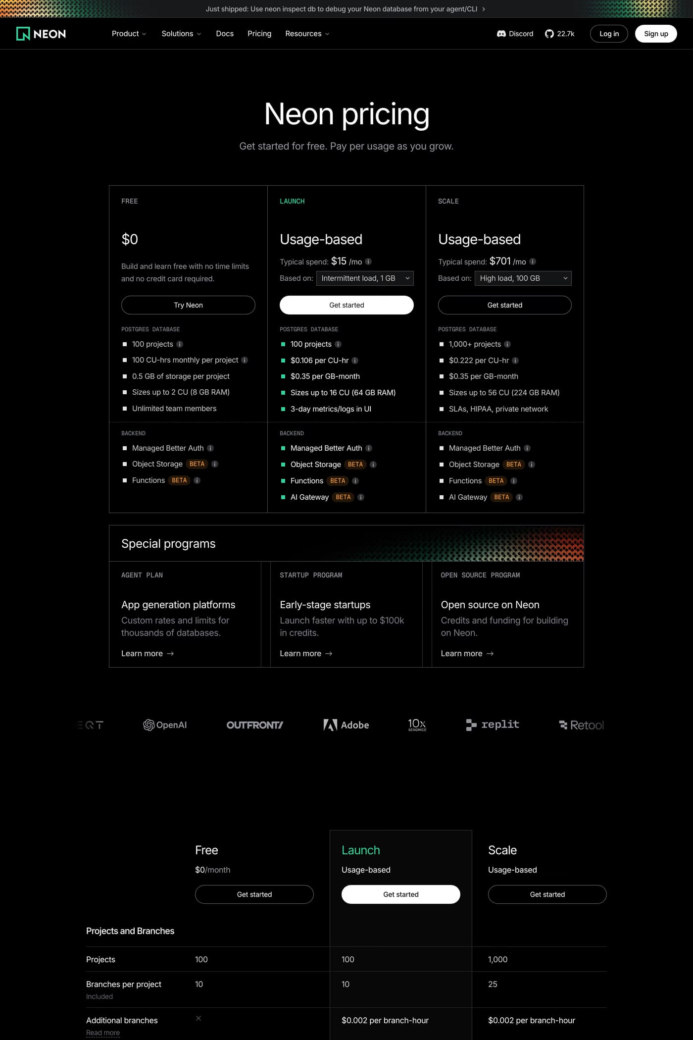 Neon pricing page