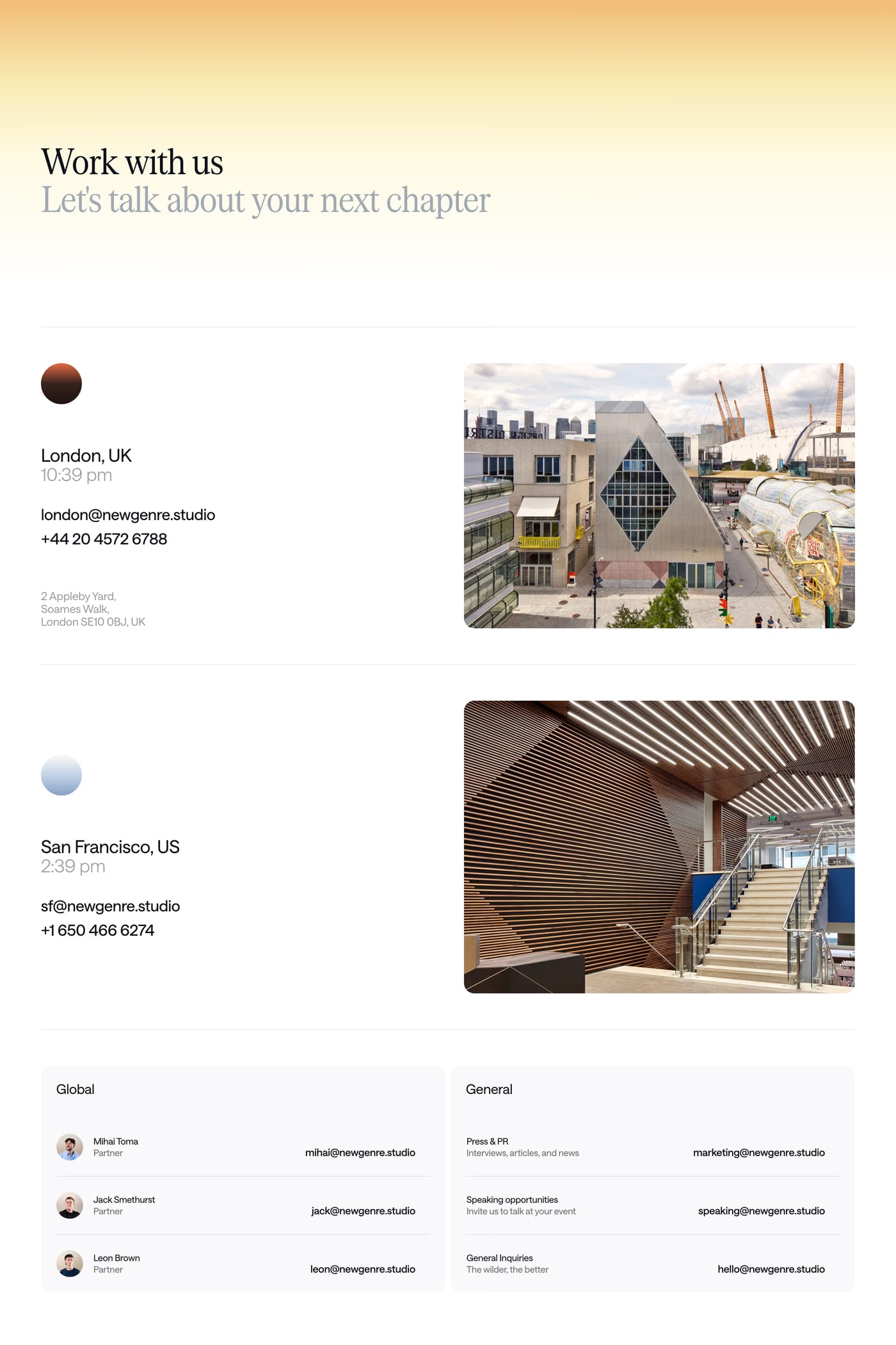 New Genre — screenshot of the contact page