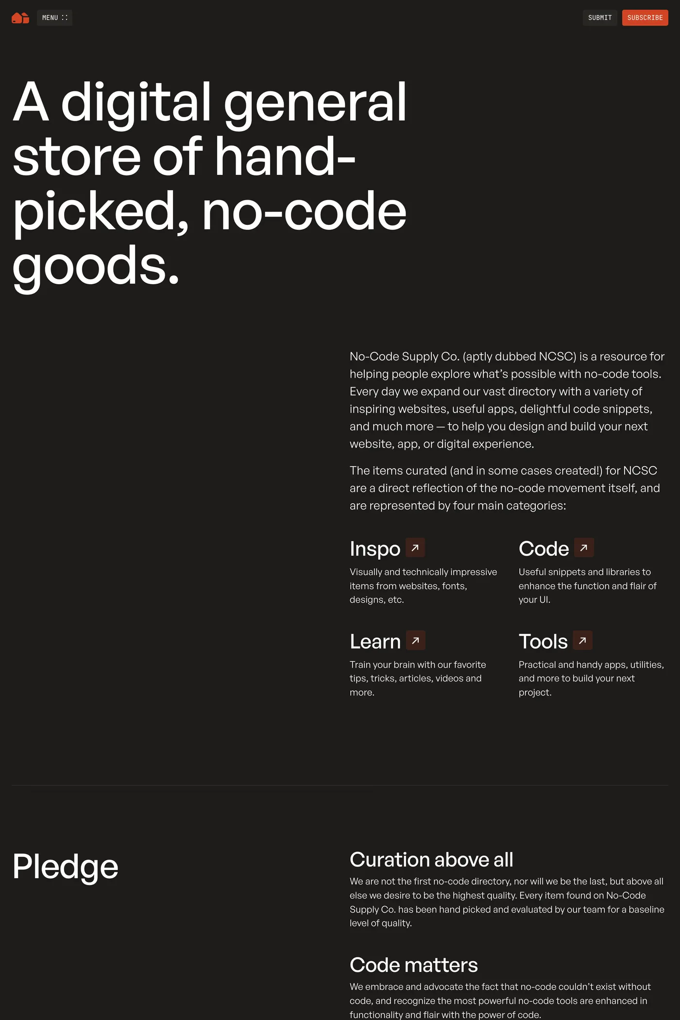No-Code Supply Co — screenshot of the about page