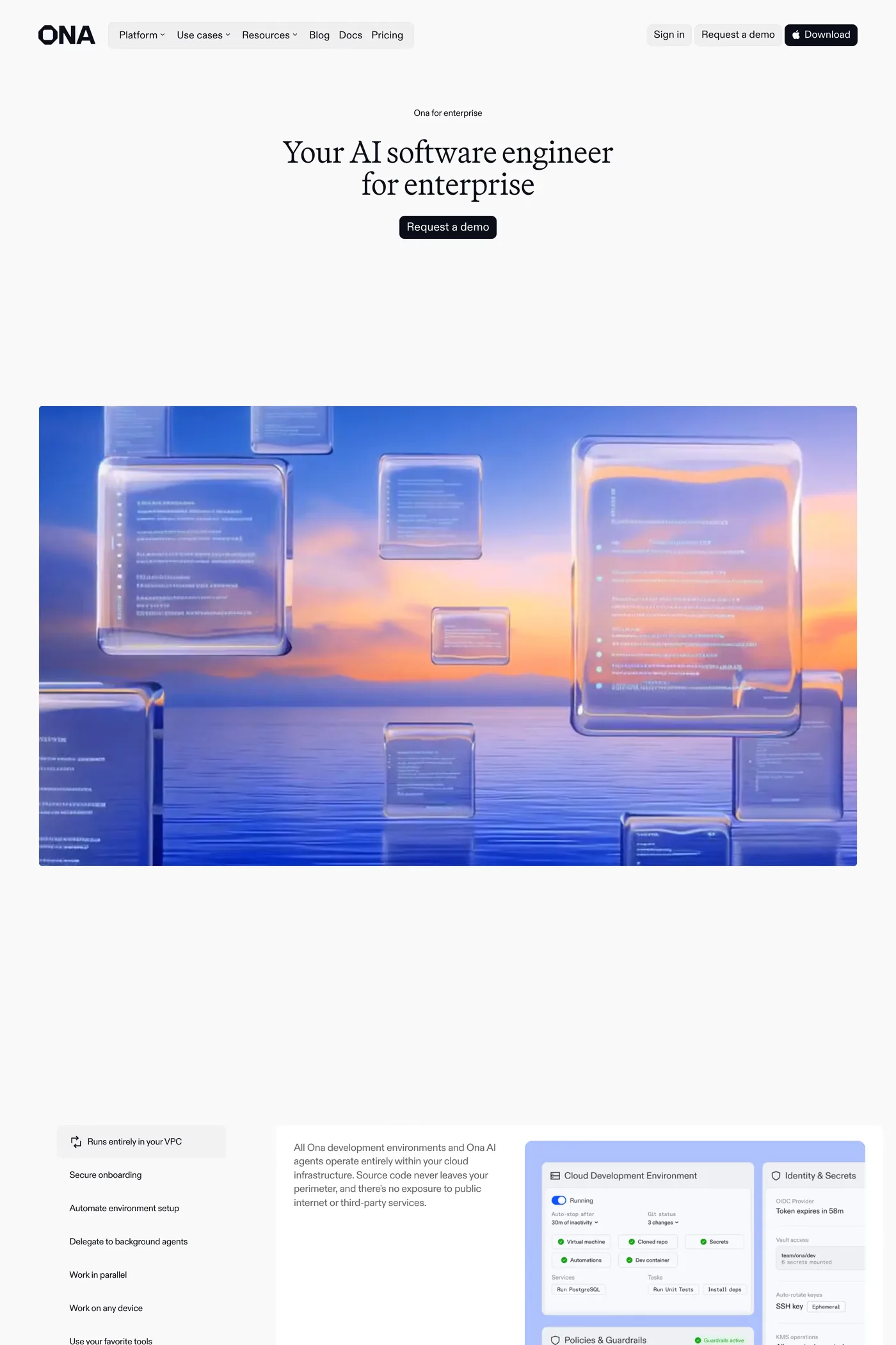 Ona — screenshot of the features page