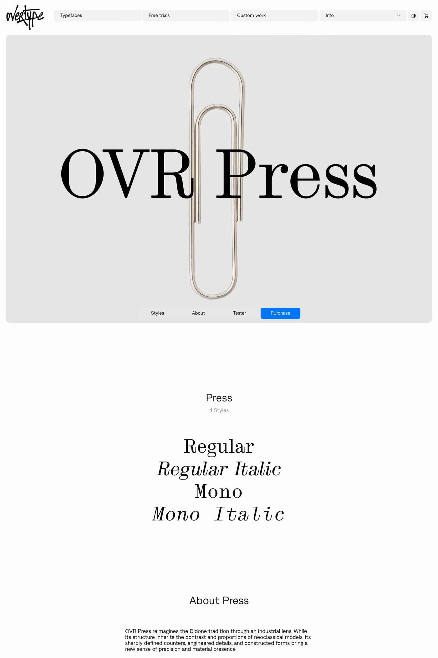 Overtype — screenshot of the features page