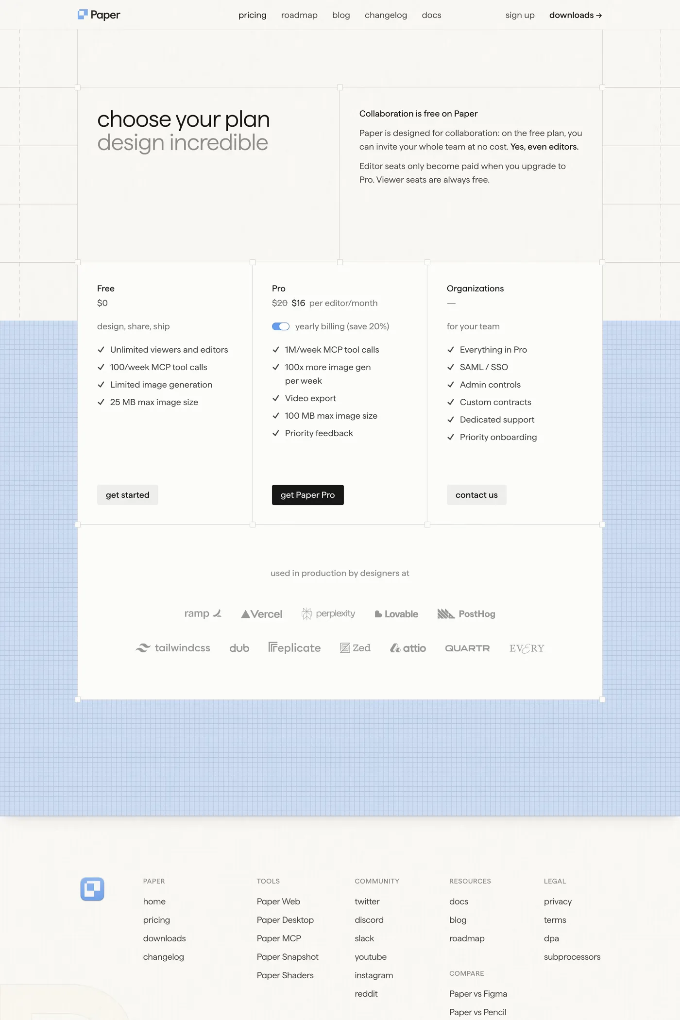 Paper — screenshot of the pricing page