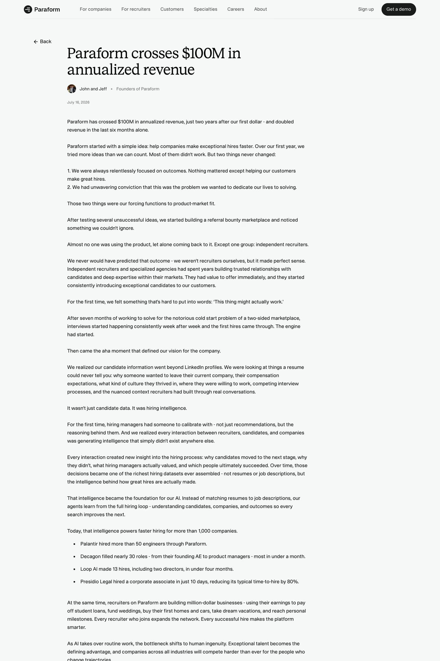 Paraform — screenshot of the blog page