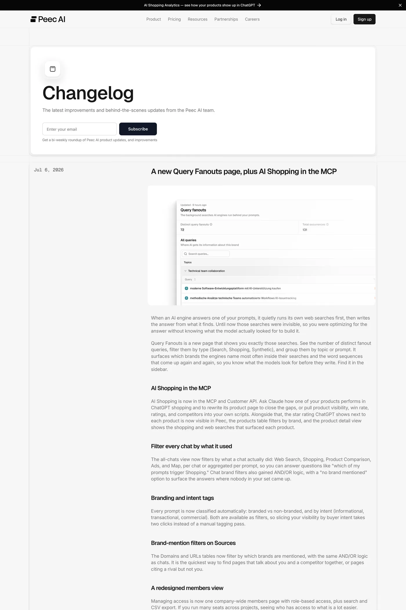 Peec AI — screenshot of the changelog page