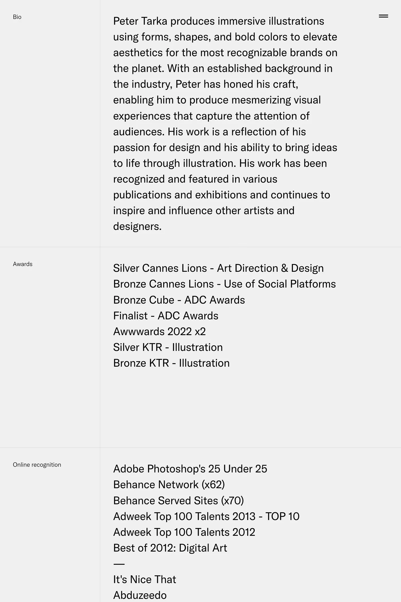 Peter Tarka — screenshot of the about page