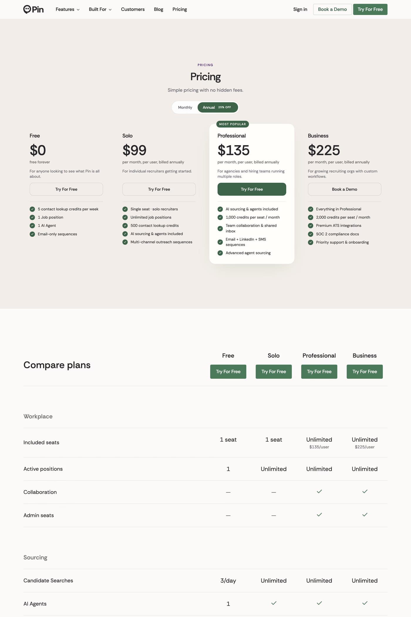 Pin — screenshot of the pricing page