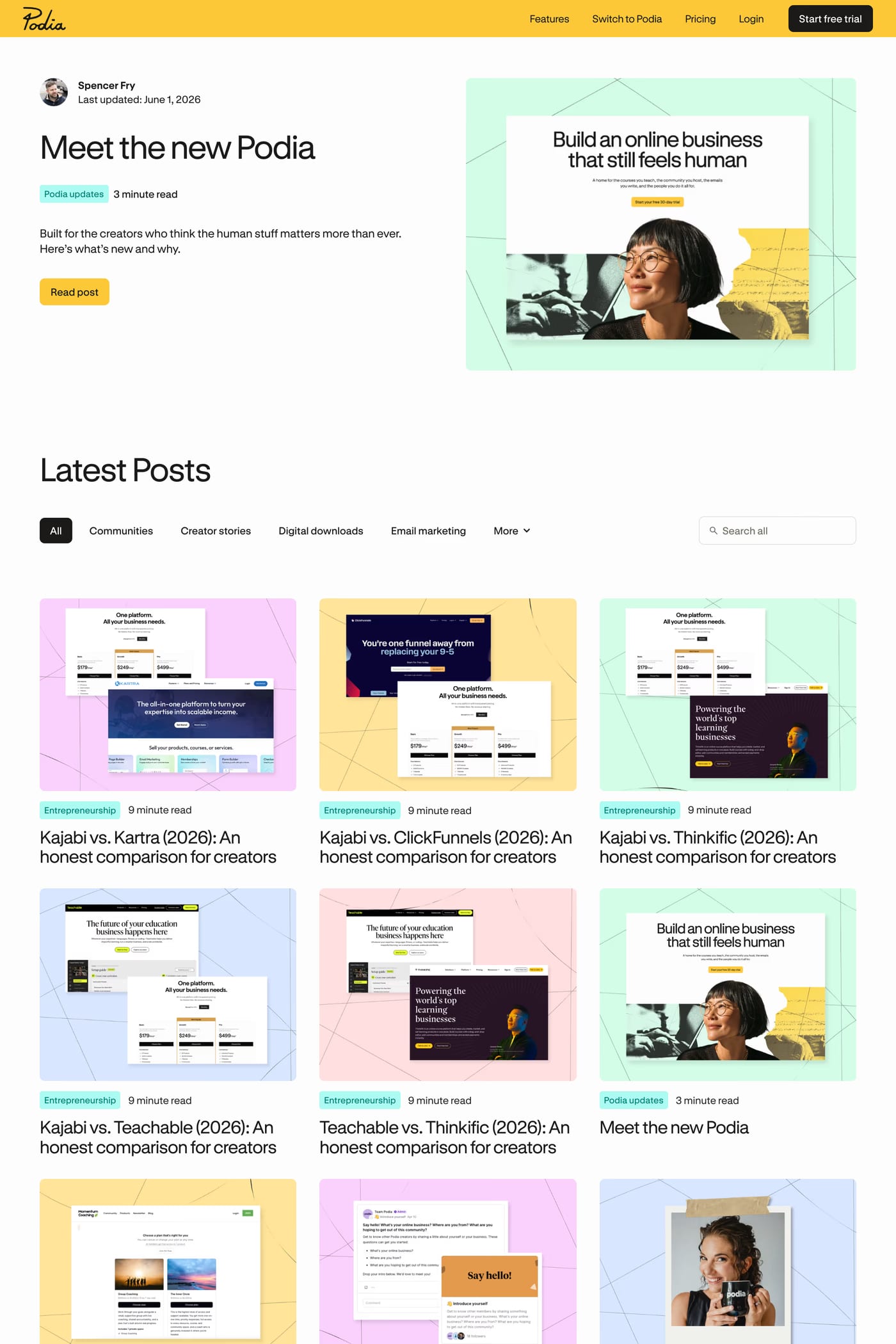 Podia — screenshot of the blog page
