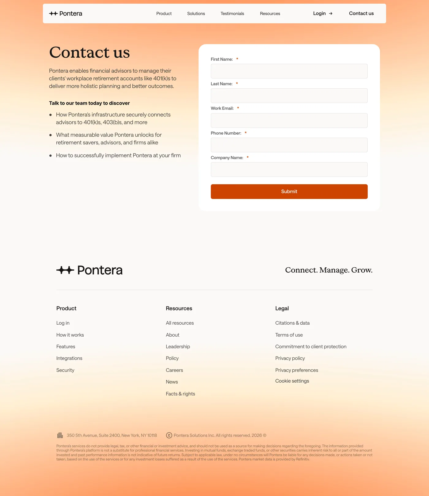 Pontera — screenshot of the contact page