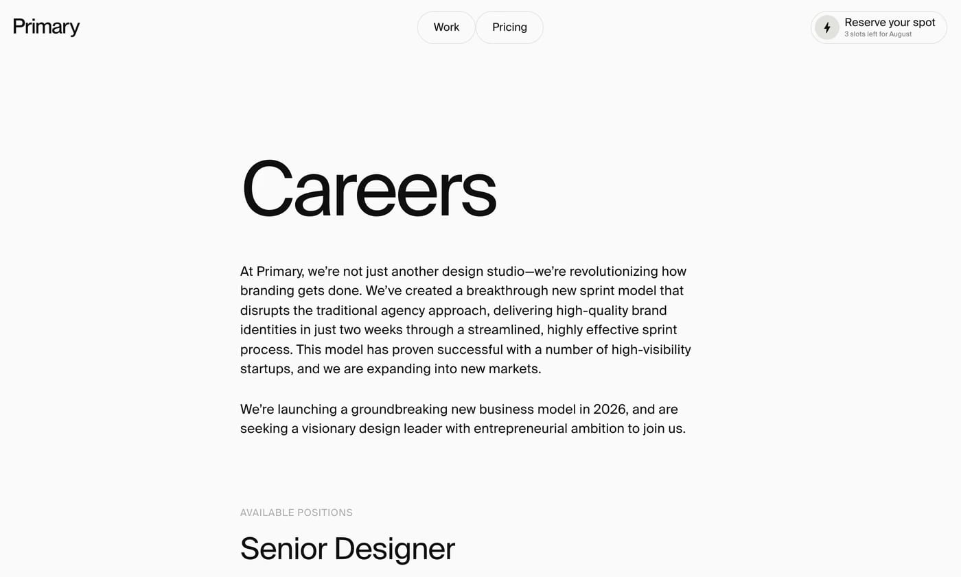 Primary Studio — screenshot of the careers page