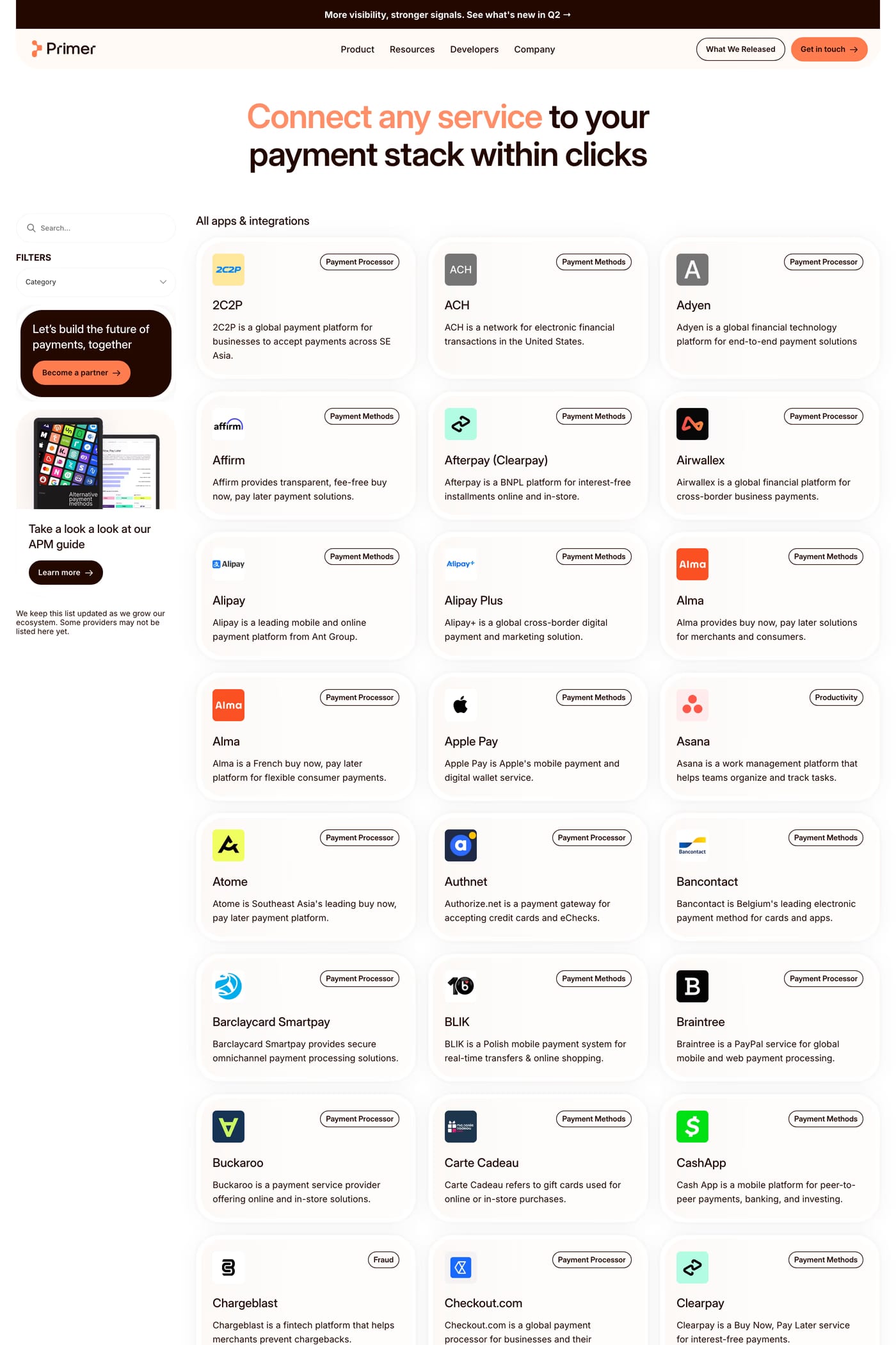 Primer — screenshot of the integrations page
