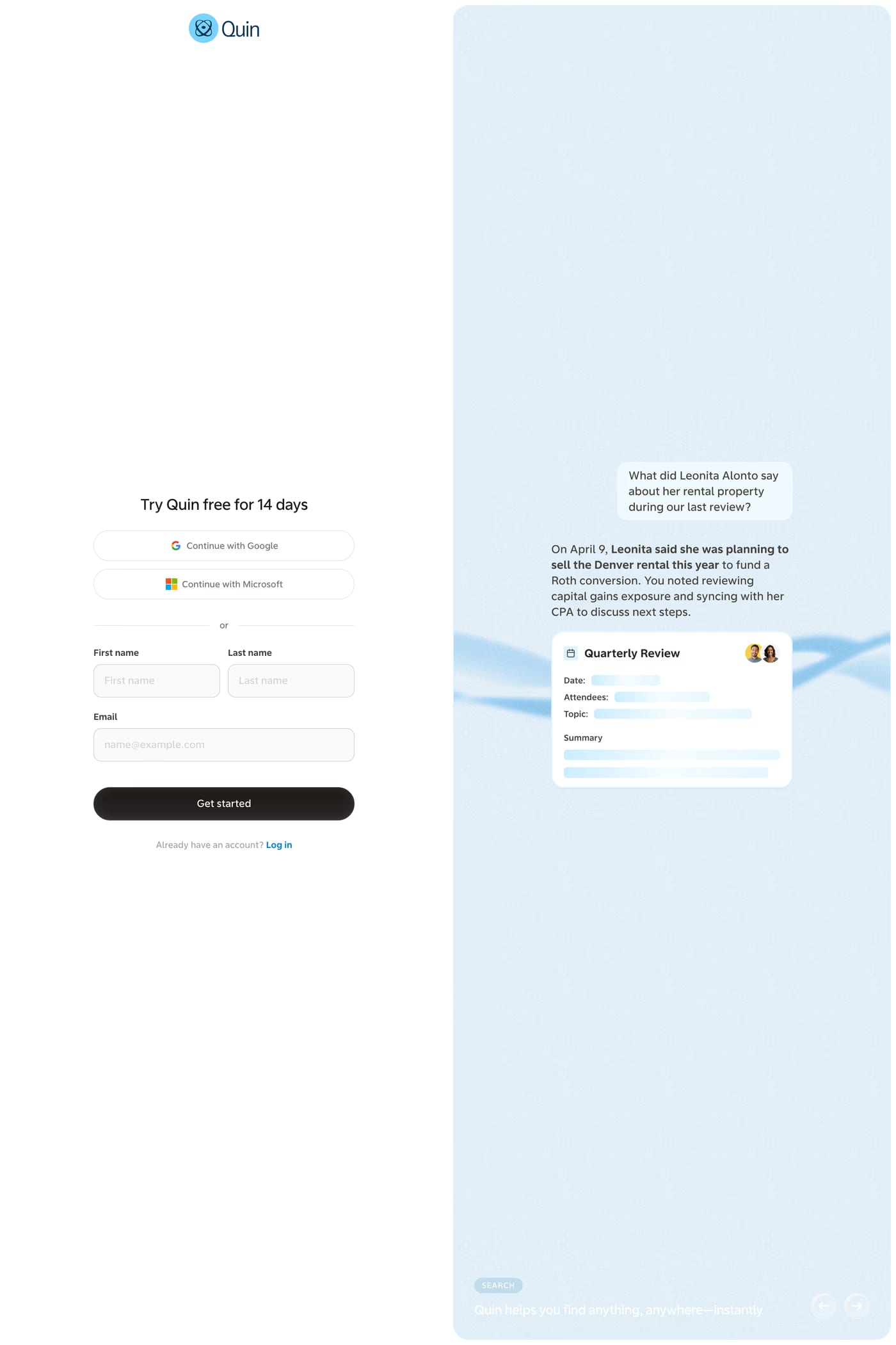 Quin — screenshot of the login page