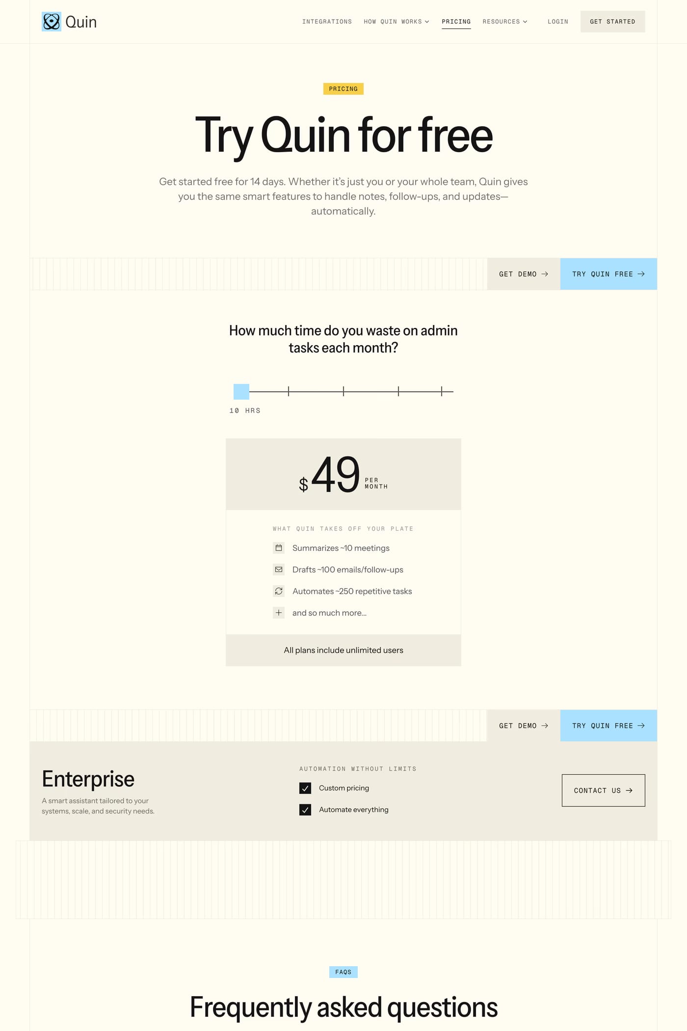Quin — screenshot of the pricing page