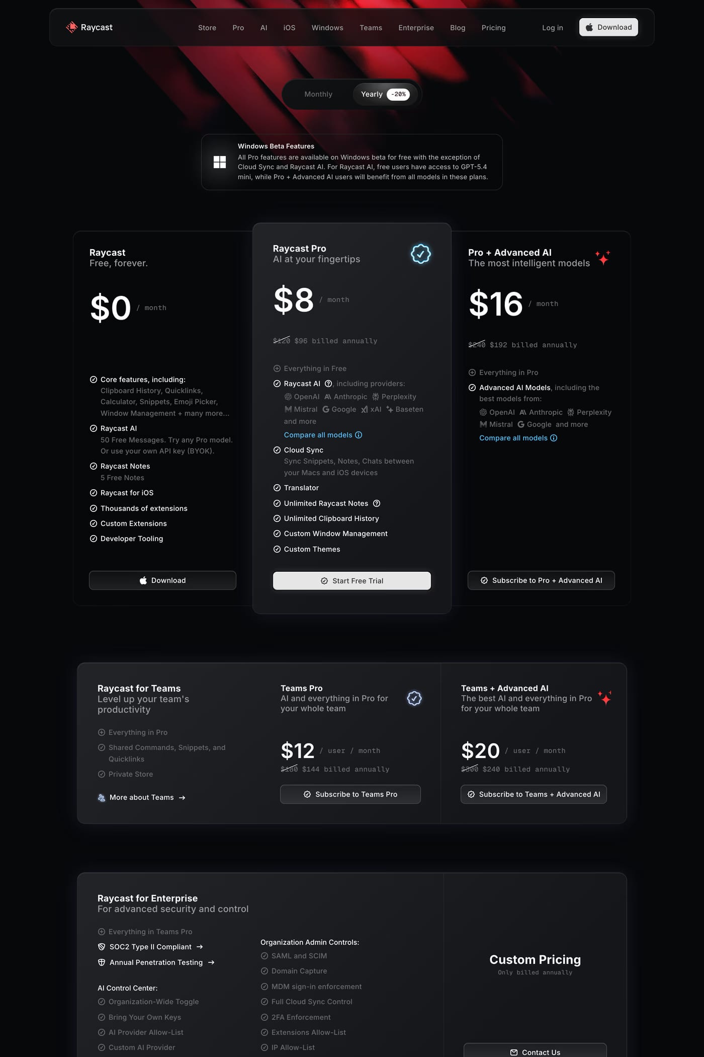 Raycast pricing page