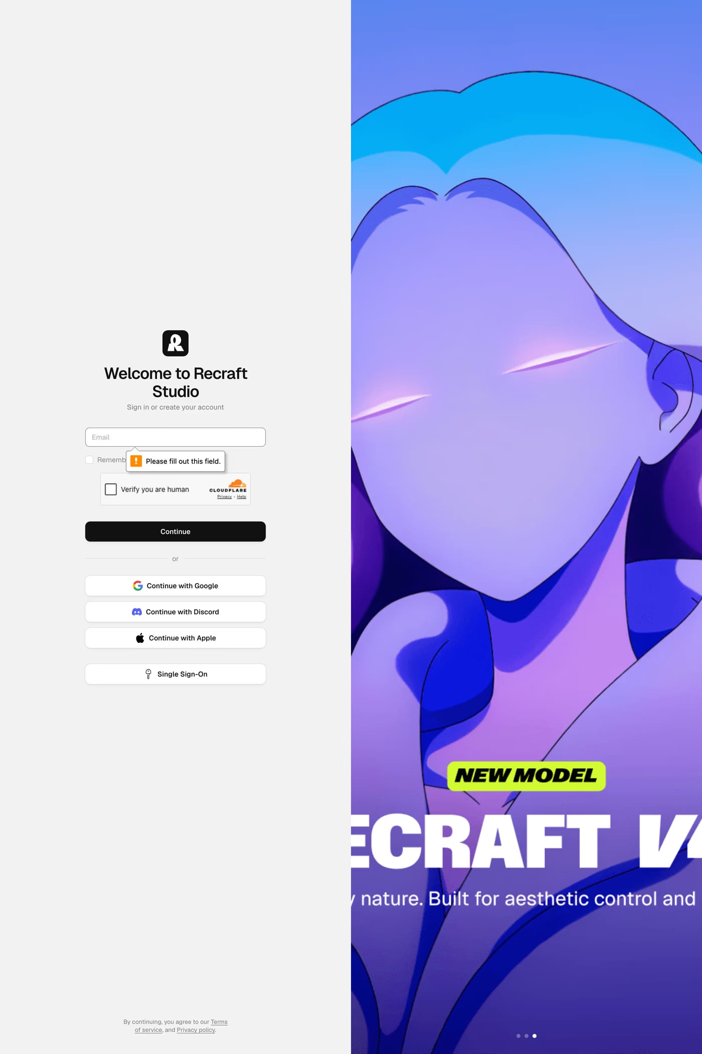 Recraft login page