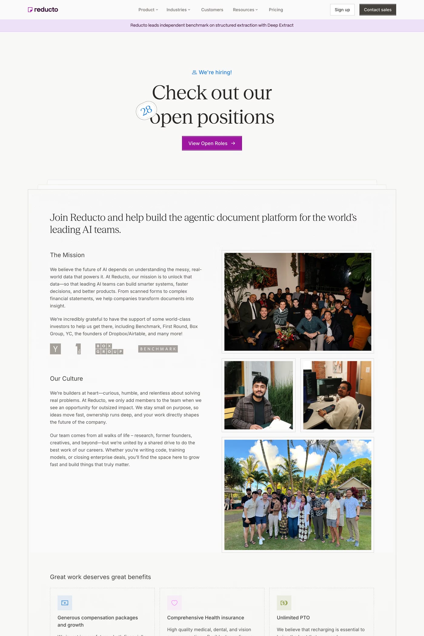 Reducto — screenshot of the careers page