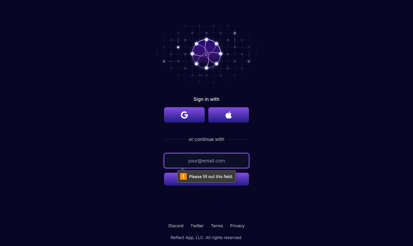 Reflect — screenshot of the login page