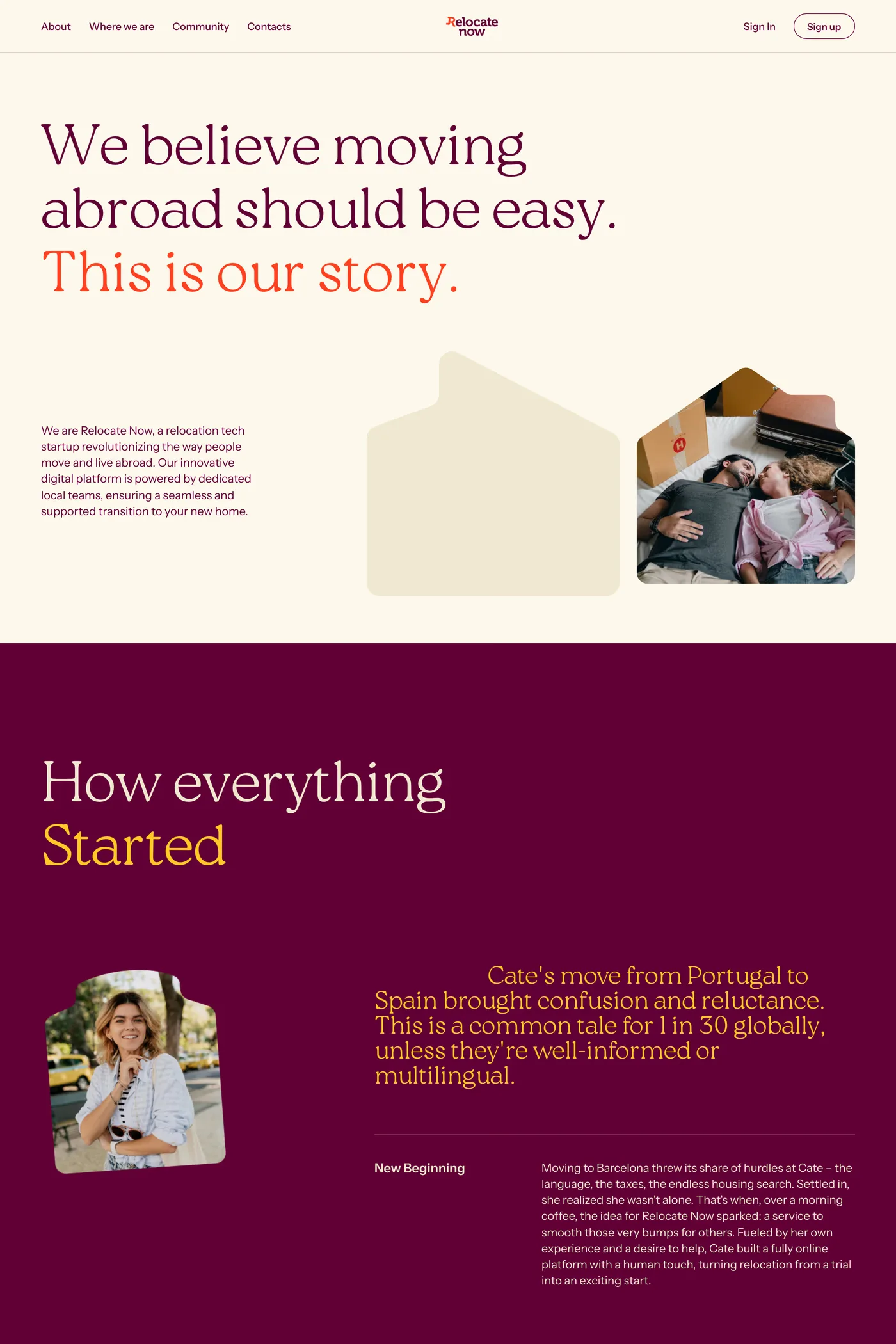 Relocate Now — screenshot of the about page