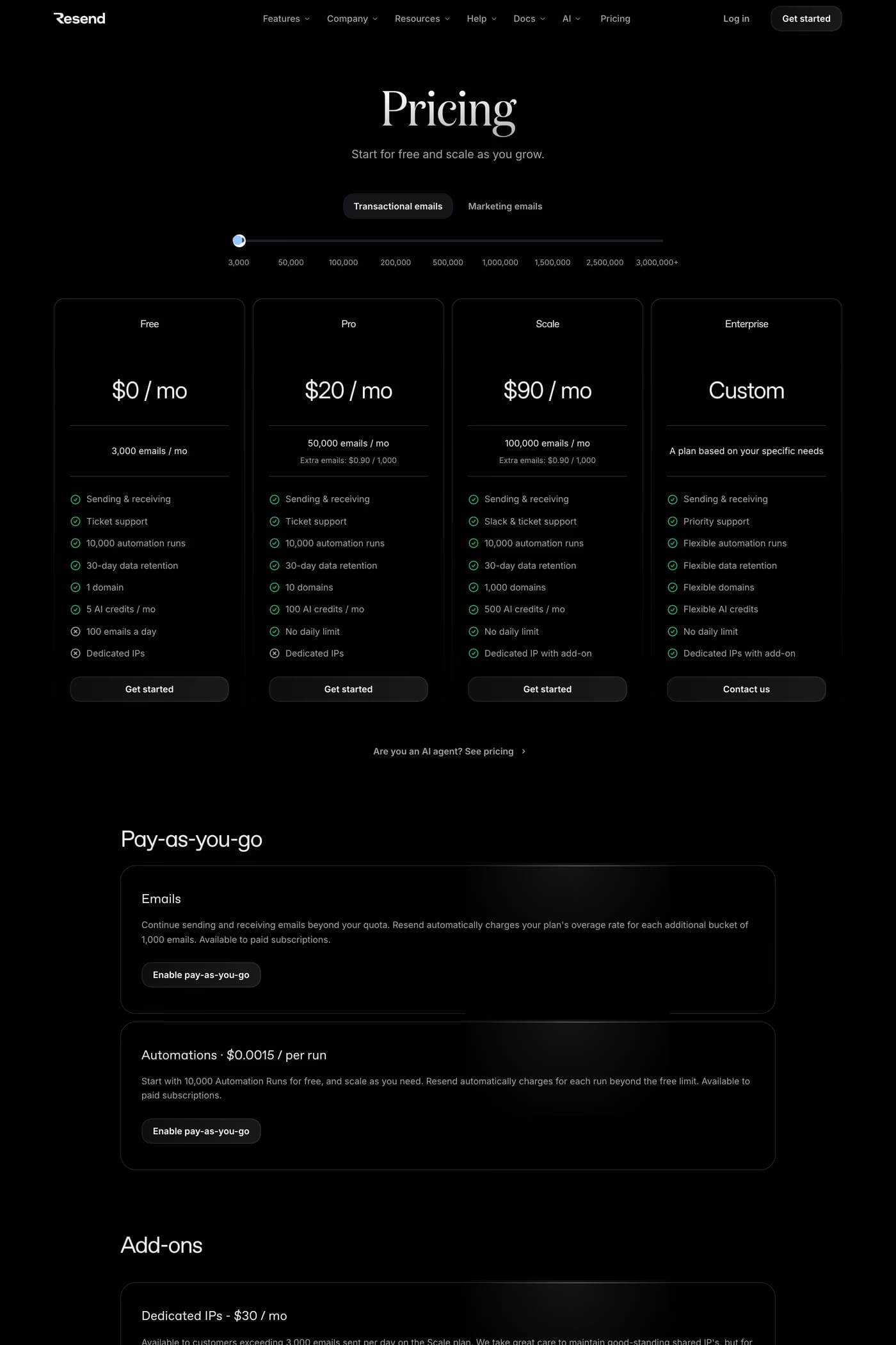Resend pricing page