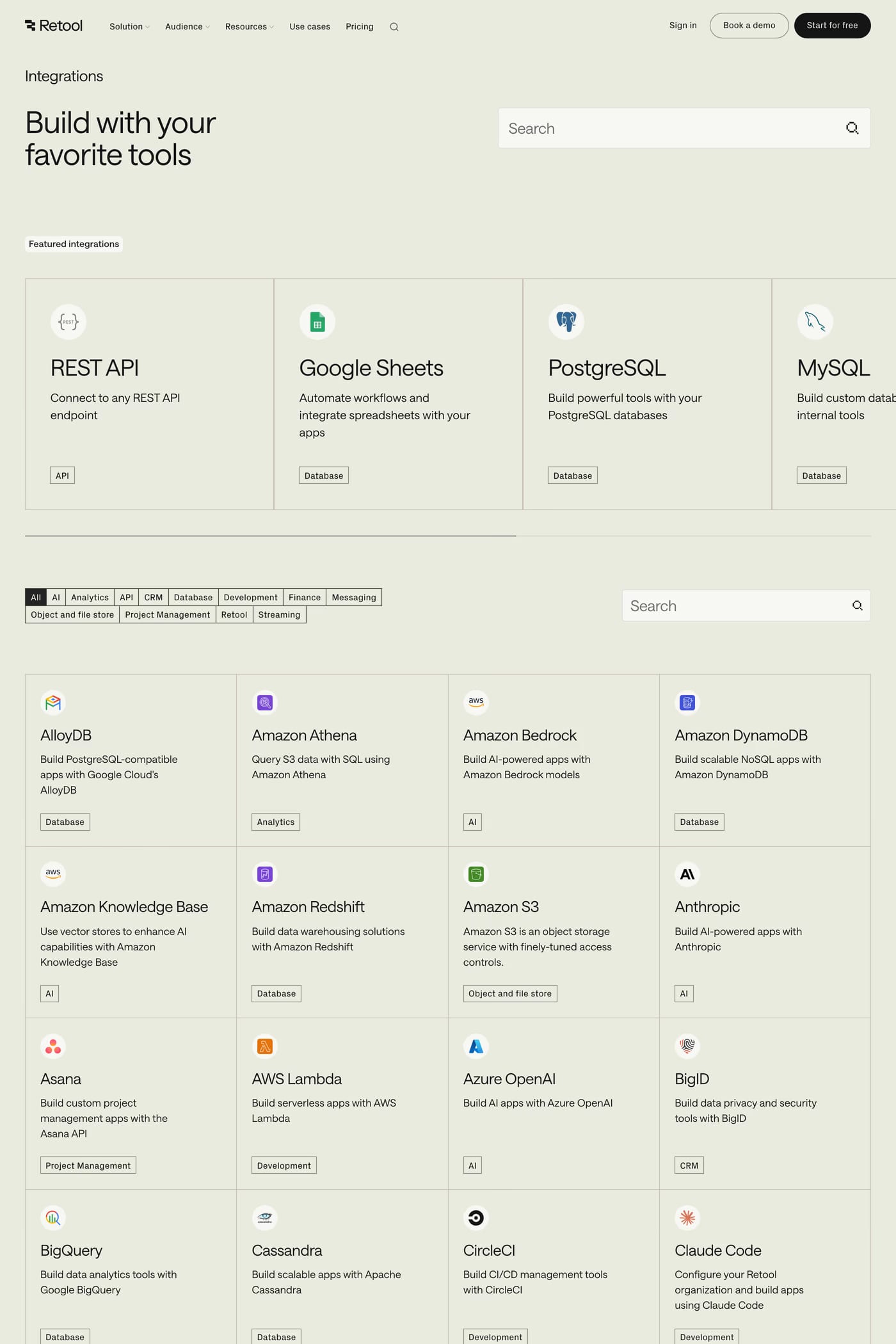 Retool integrations page