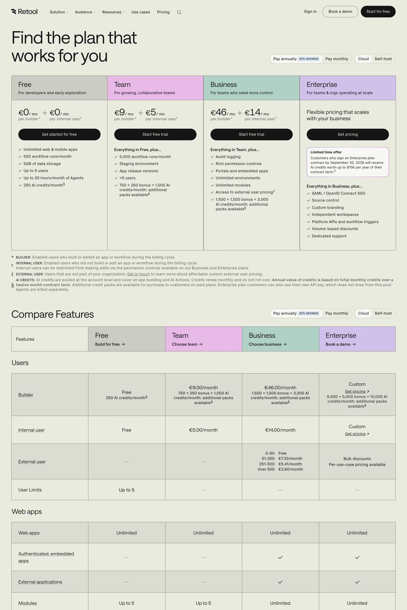 Retool — screenshot of the pricing page