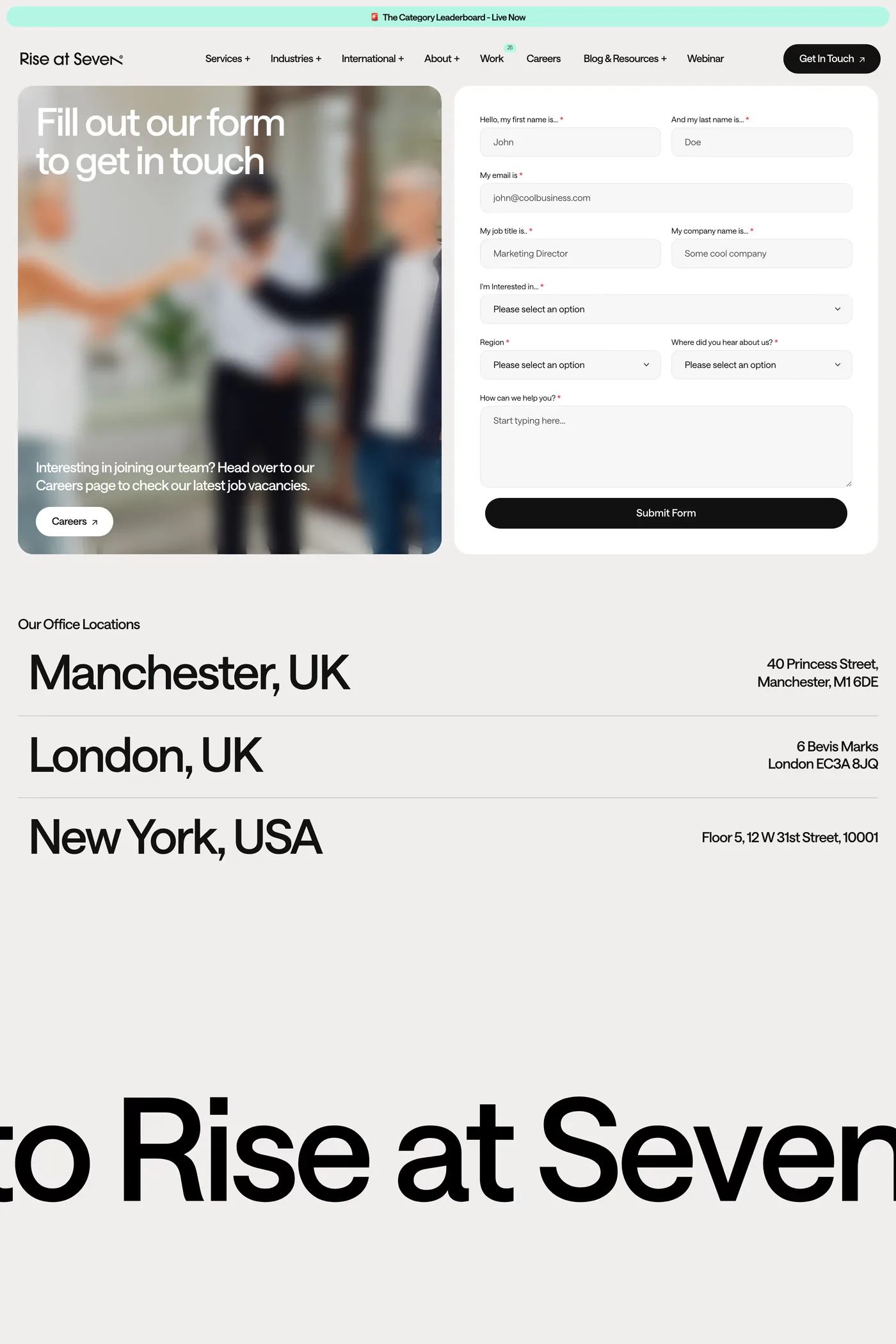 Rise at Seven — screenshot of the contact page