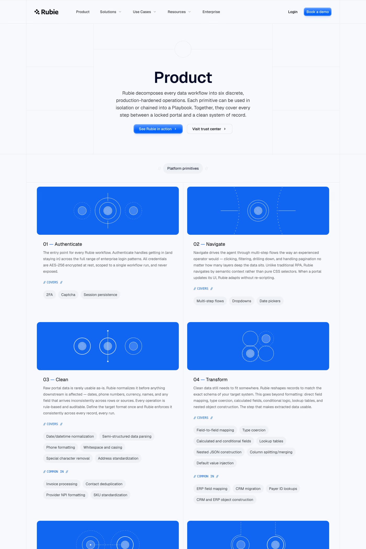 Rubie — screenshot of the features page