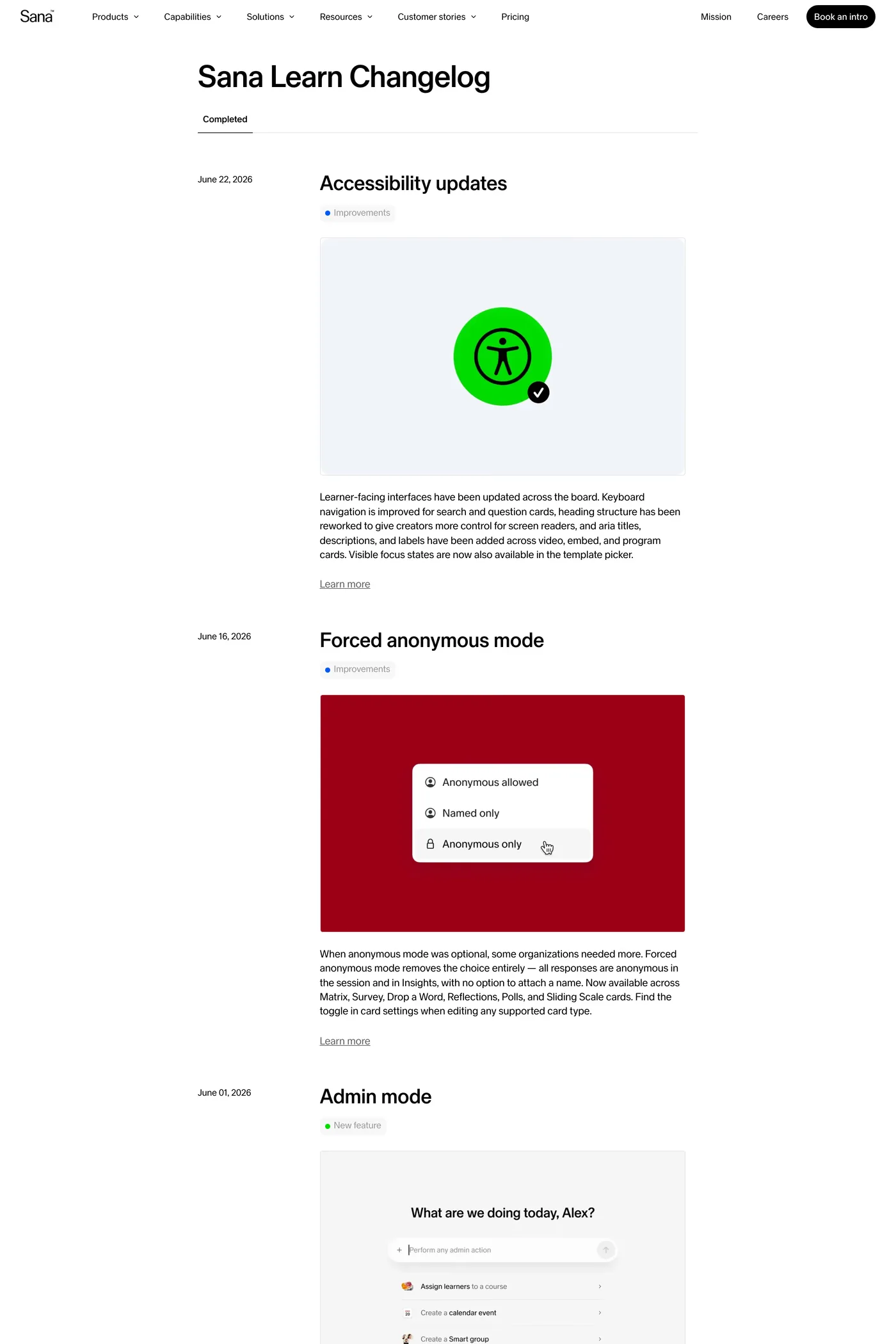 Sana — screenshot of the changelog page