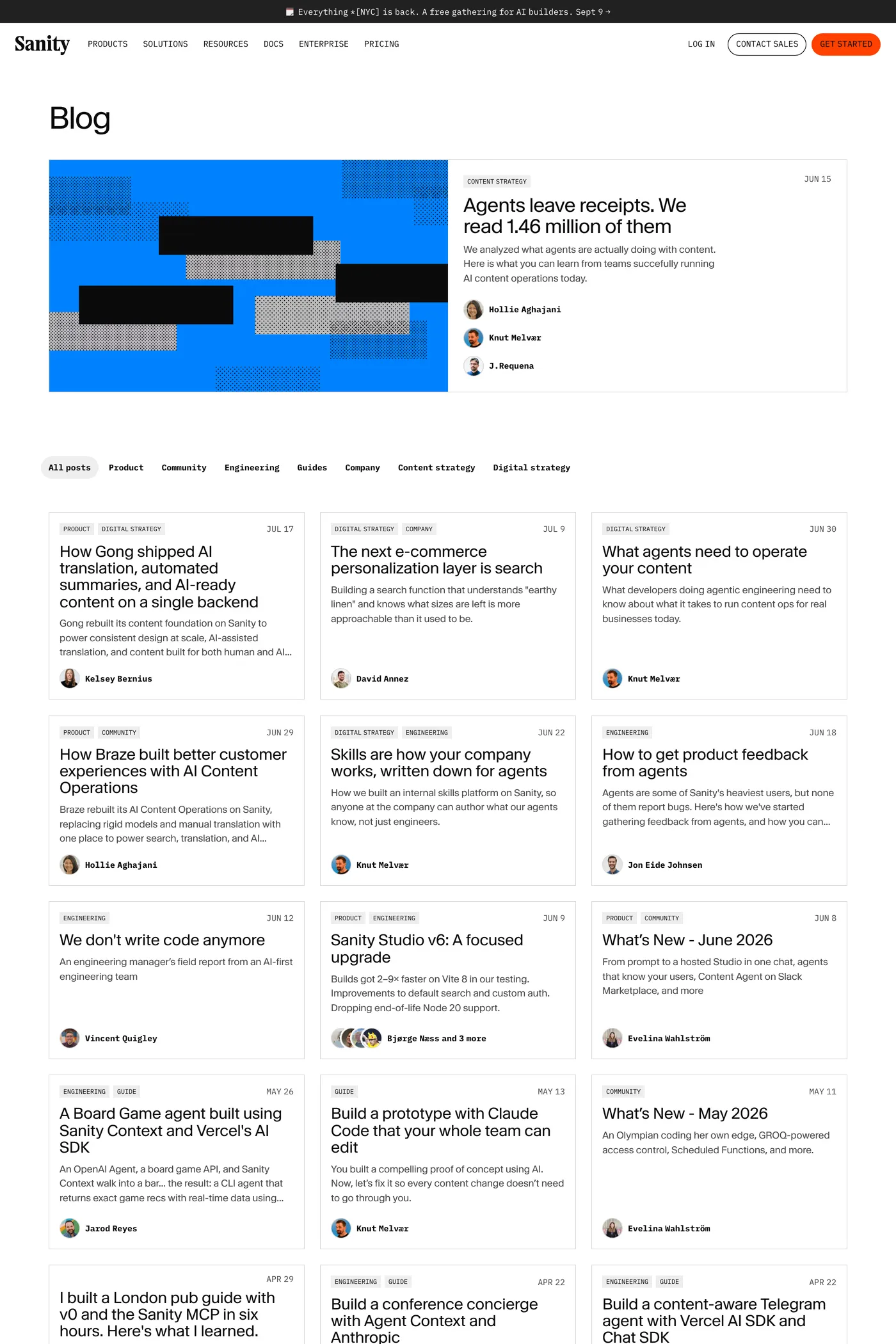 Sanity — screenshot of the blog page