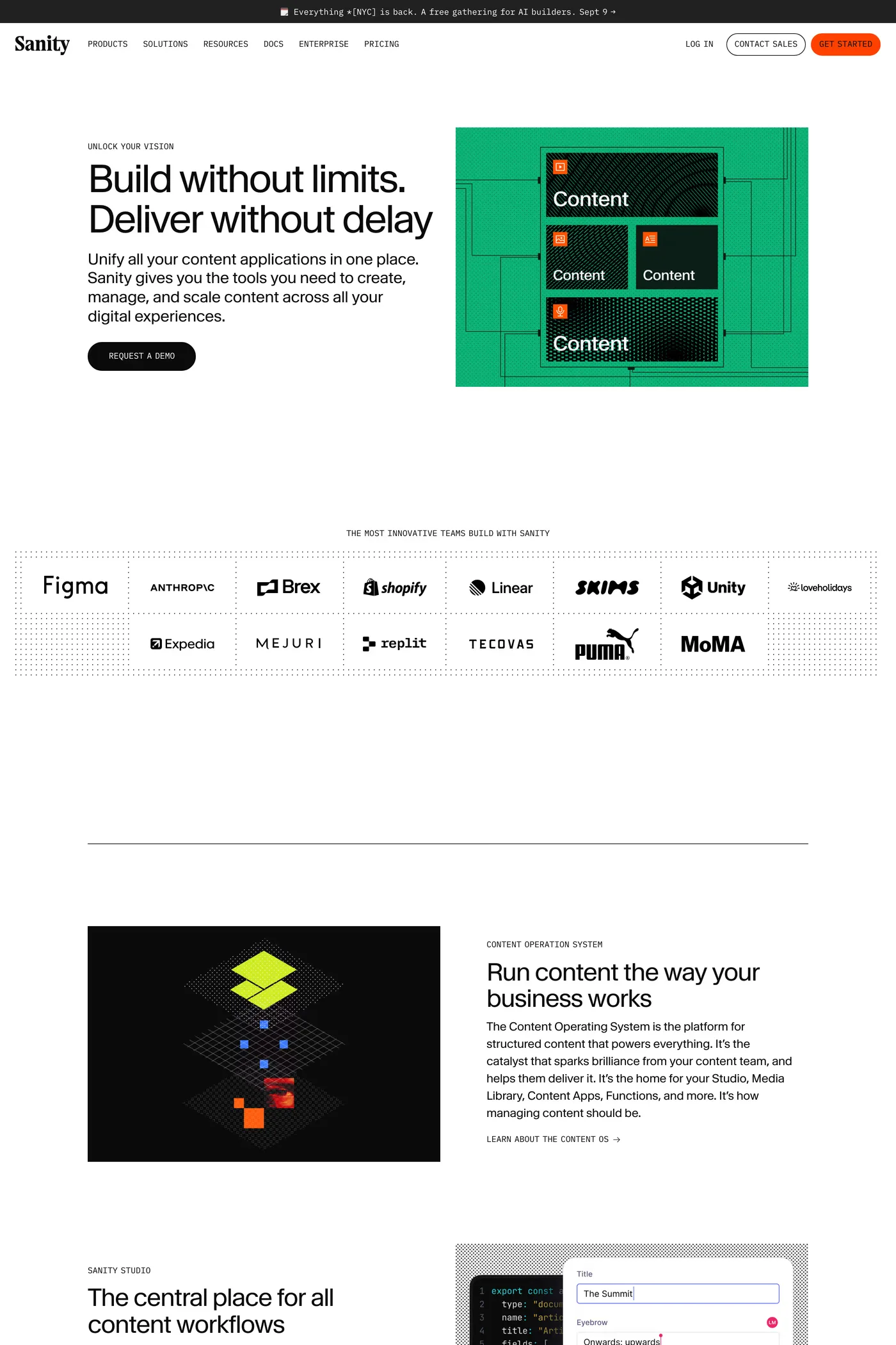Sanity — screenshot of the features page