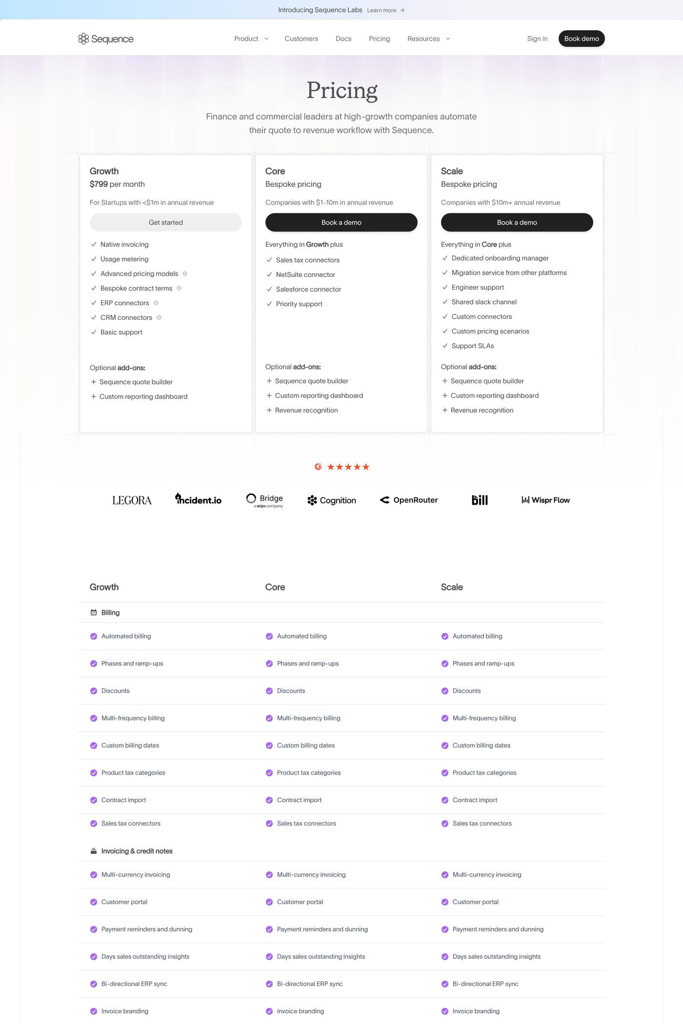 Sequence — screenshot of the pricing page