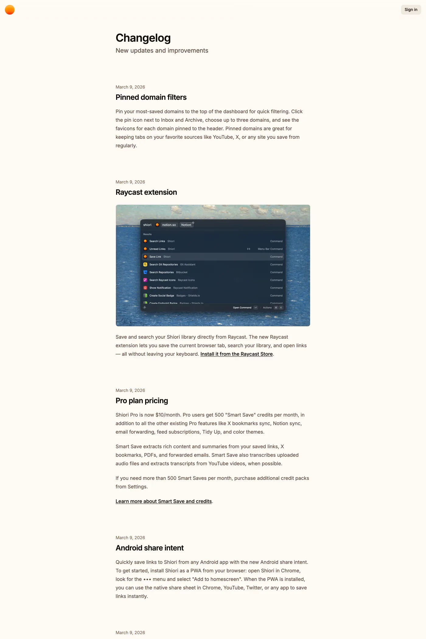 Shiori — screenshot of the changelog page
