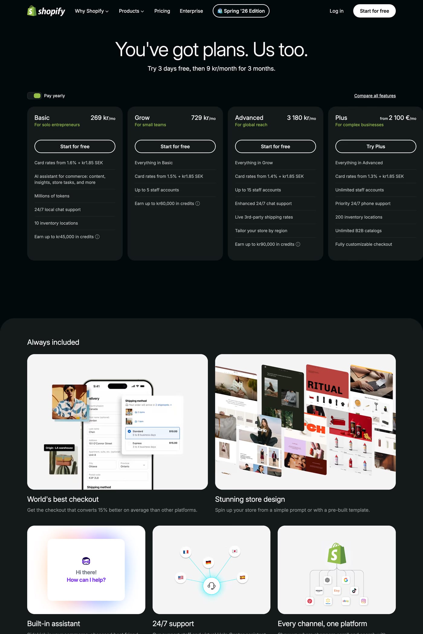 Shopify Editions pricing page