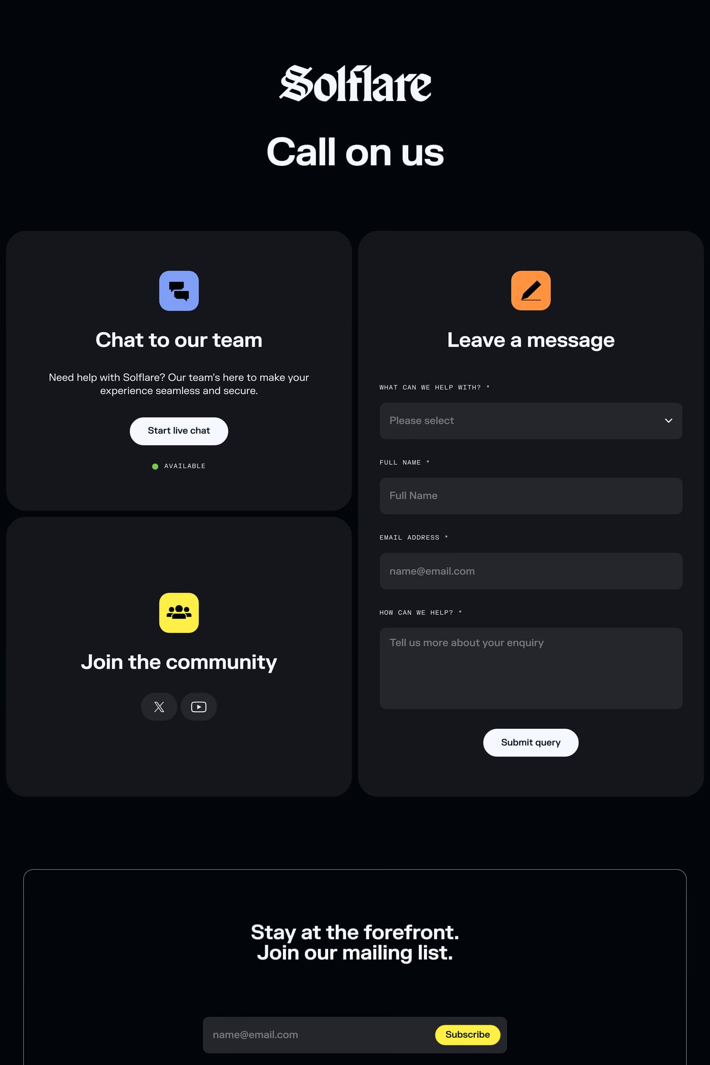 Solflare contact page