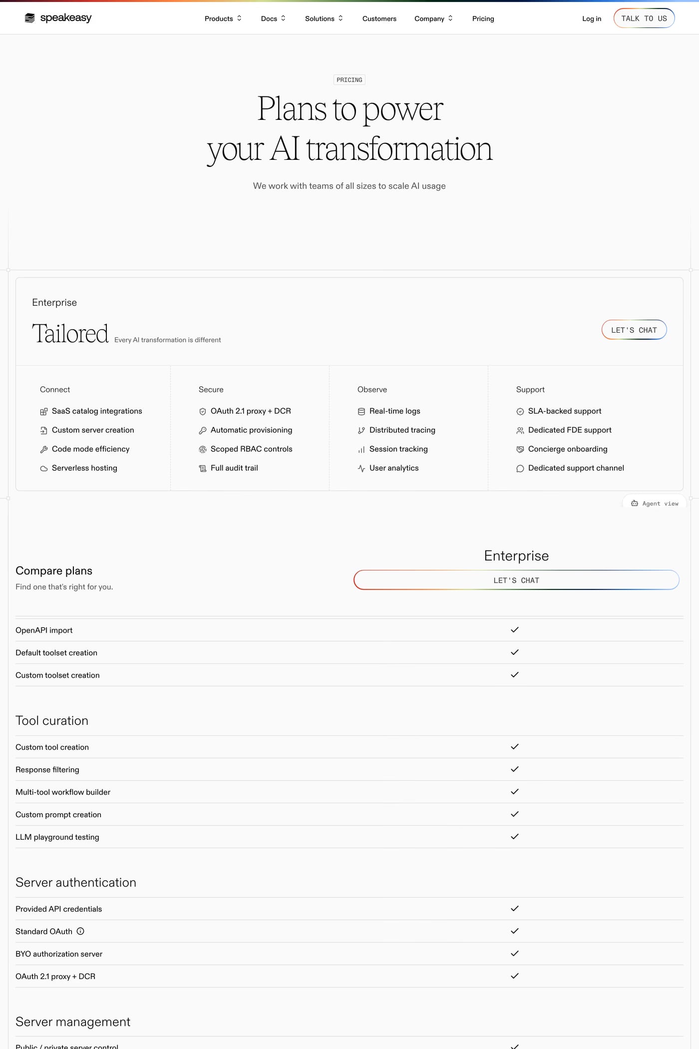 Speakeasy pricing page