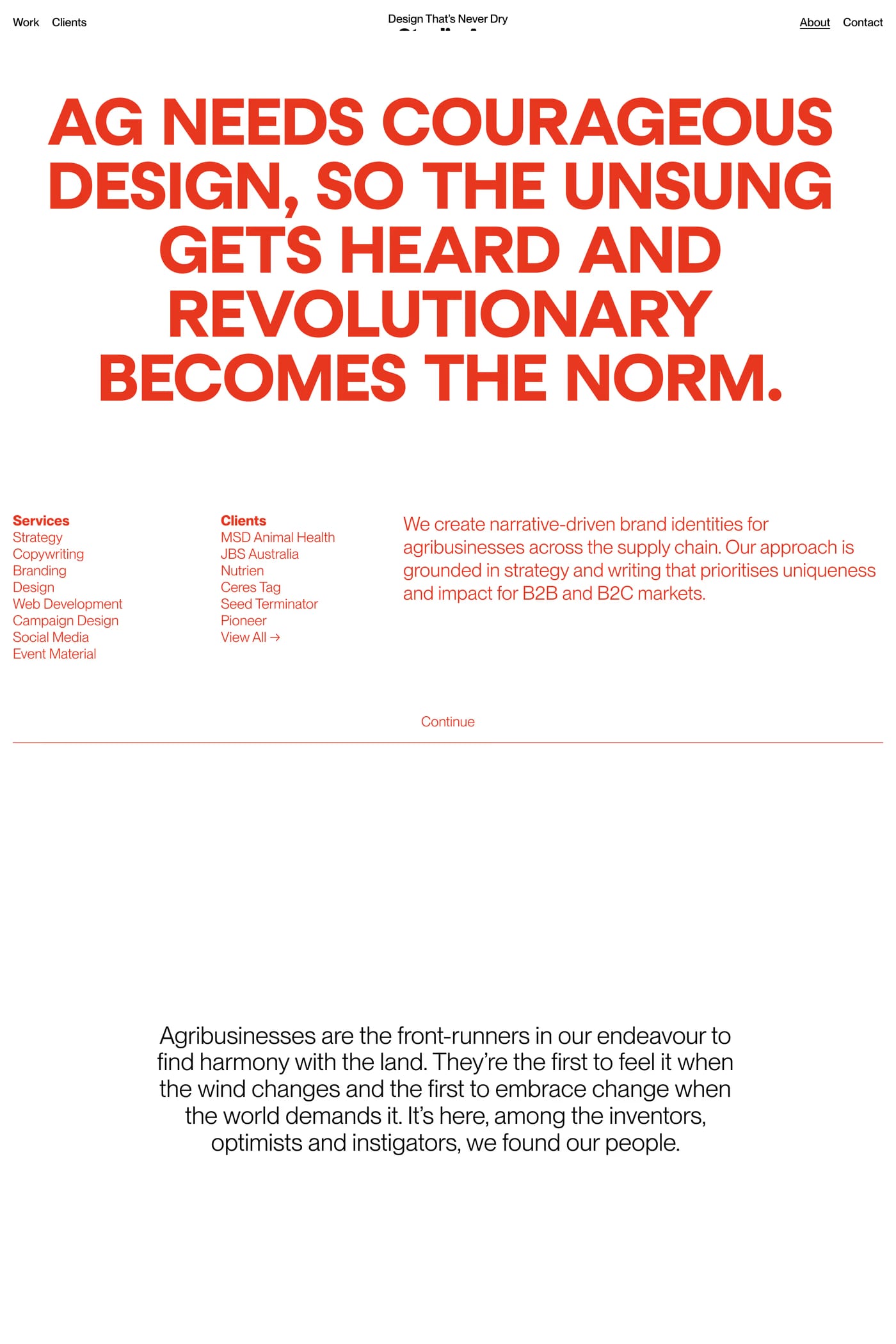 Studio Agriculture — screenshot of the about page