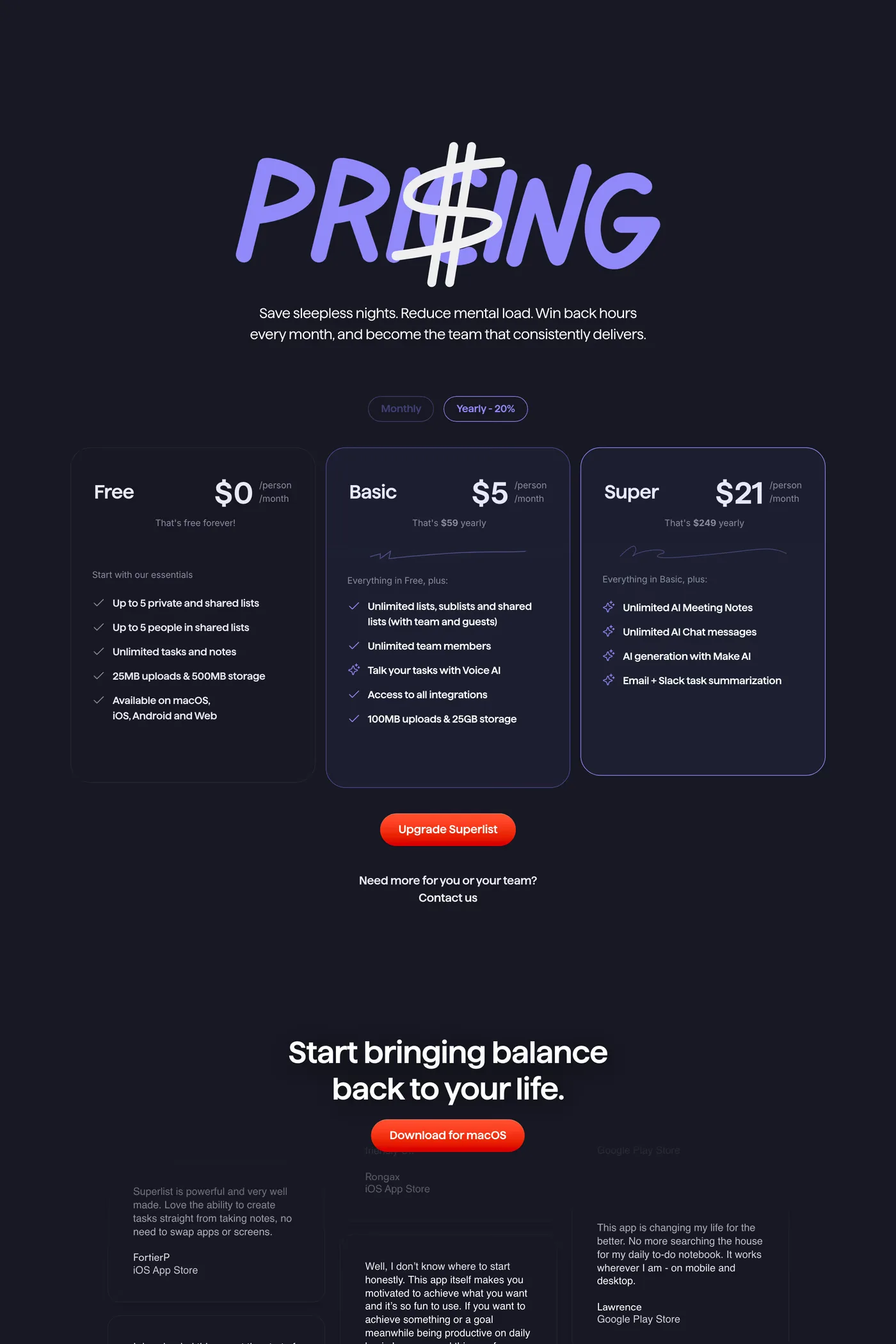 Superlist — screenshot of the pricing page