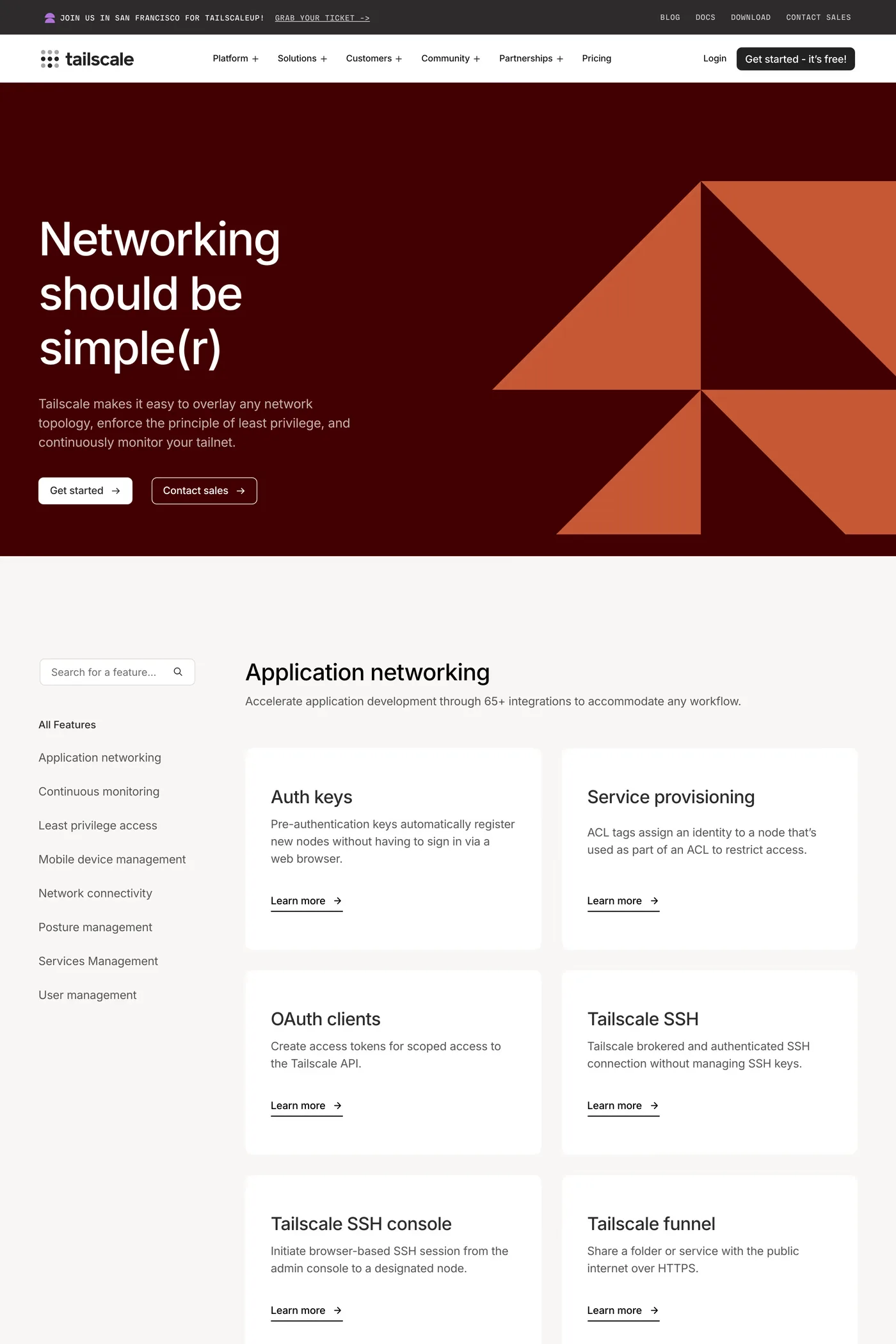 Tailscale — screenshot of the features page