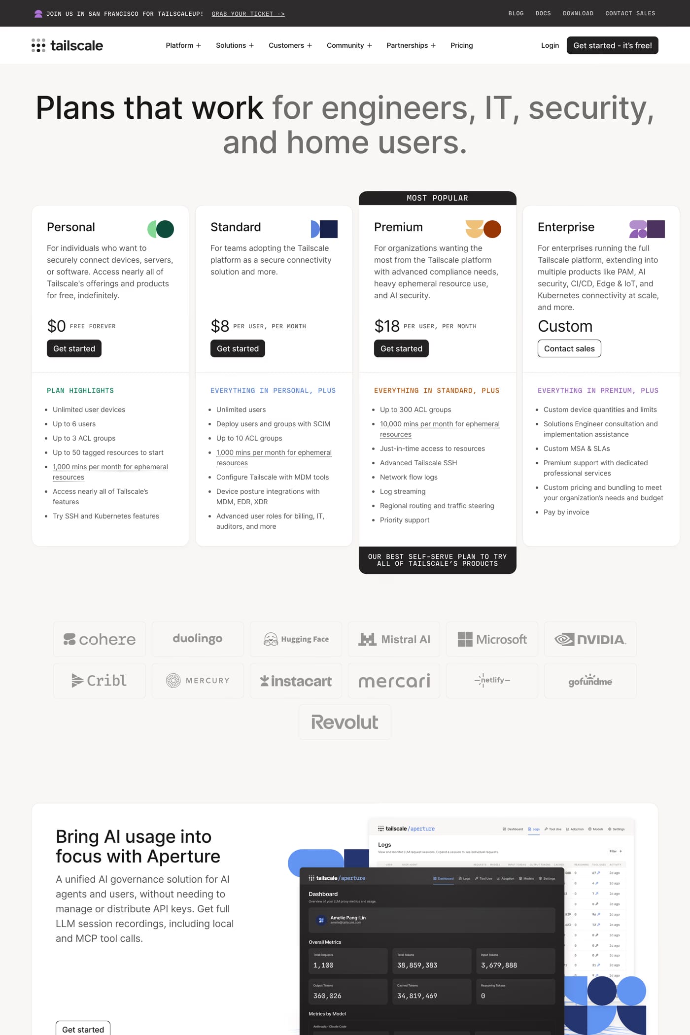 Tailscale pricing page