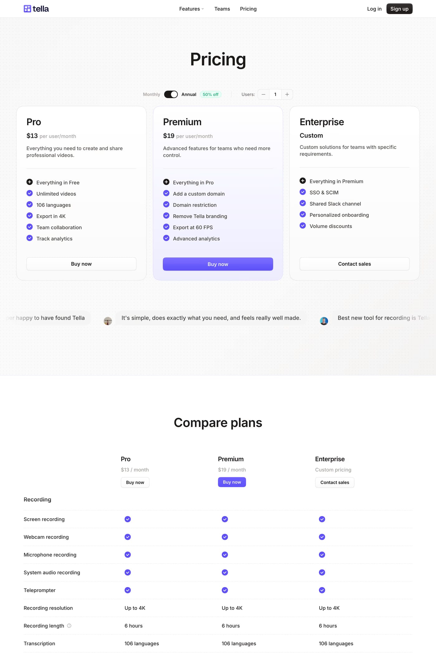 Tella pricing page