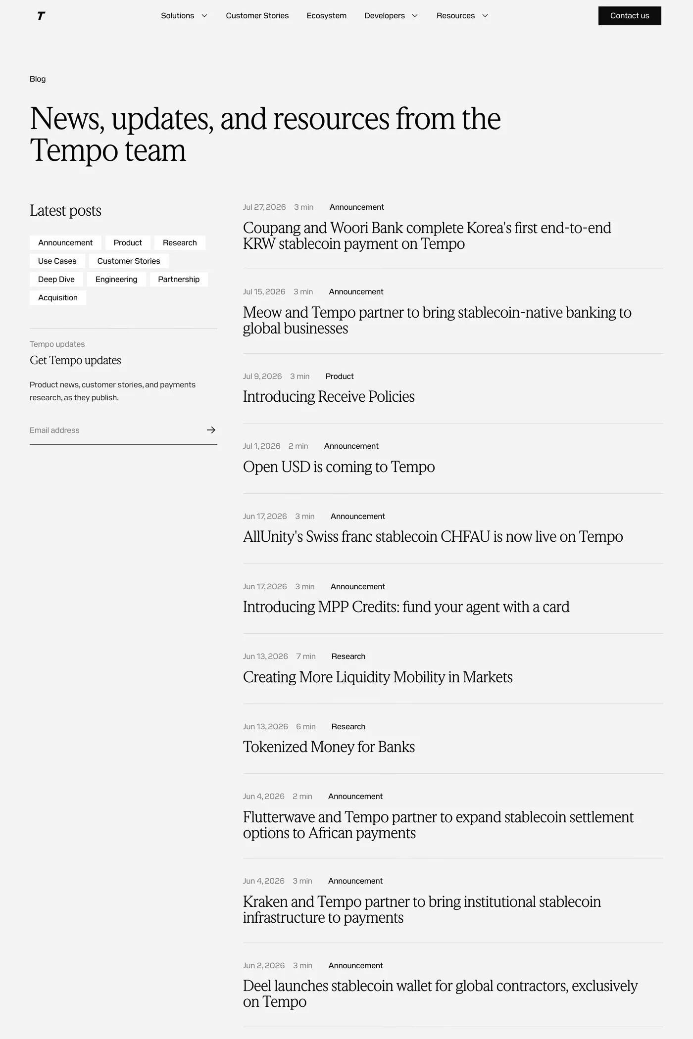 Tempo — screenshot of the blog page