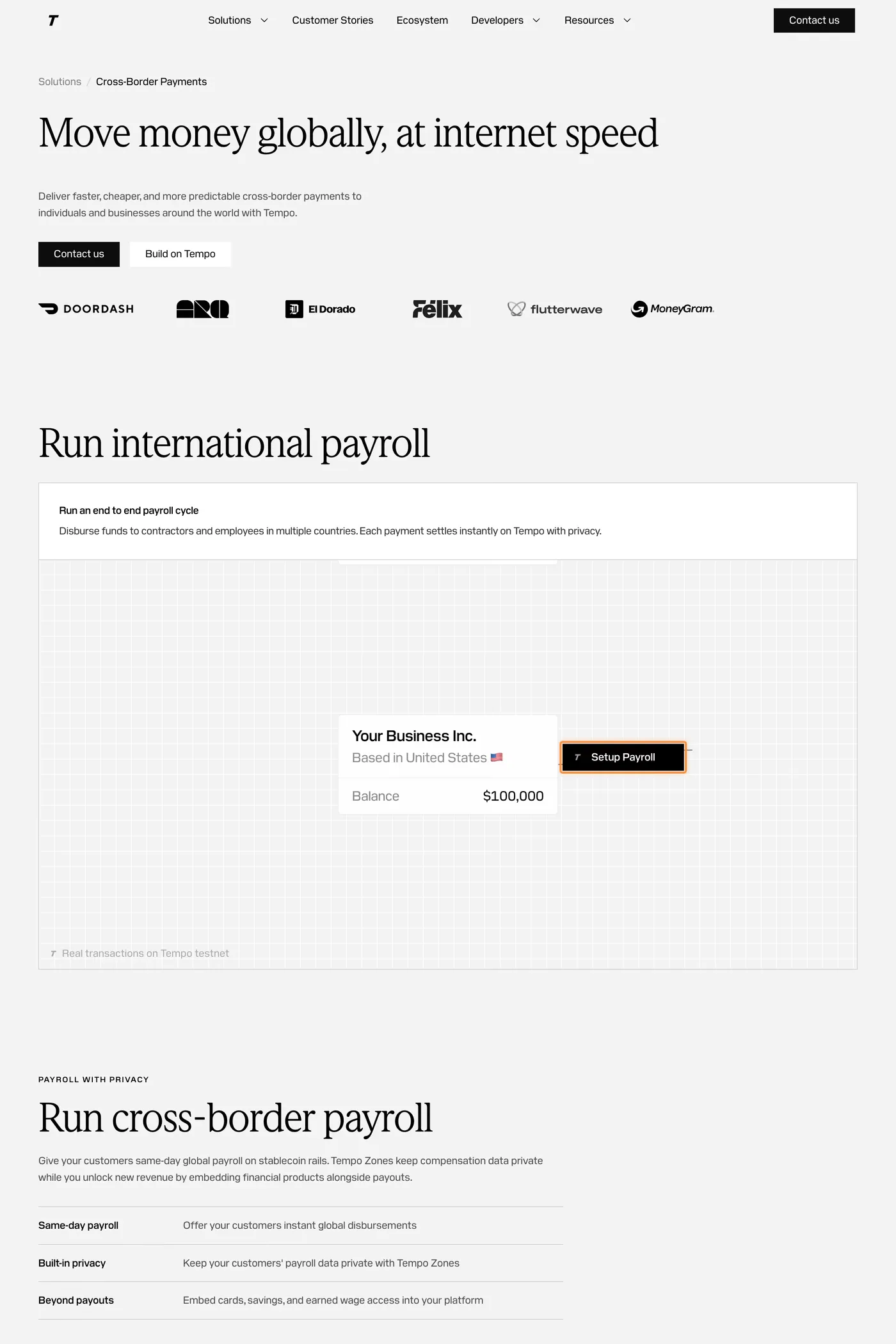 Tempo — screenshot of the features page