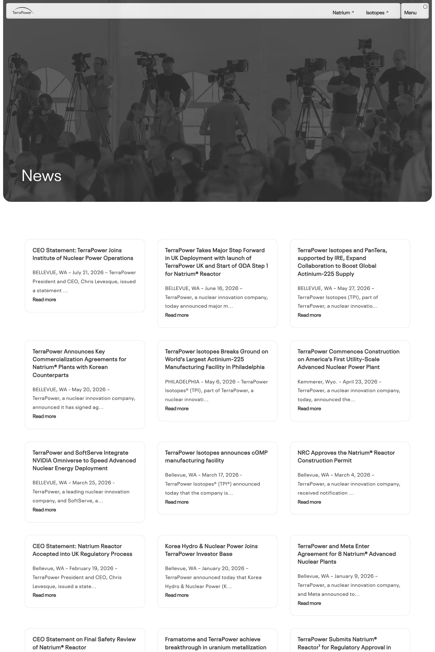TerraPower — screenshot of the blog page