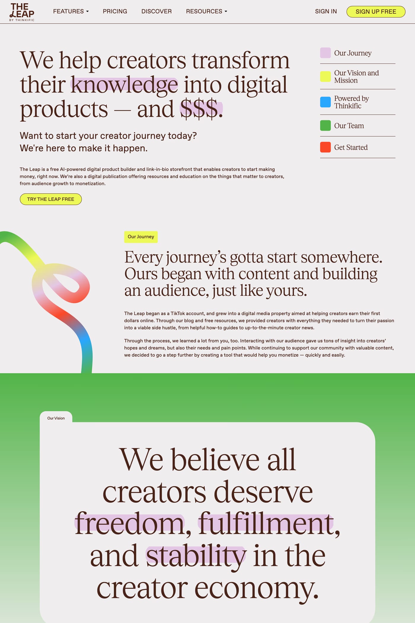 The Leap — screenshot of the about page